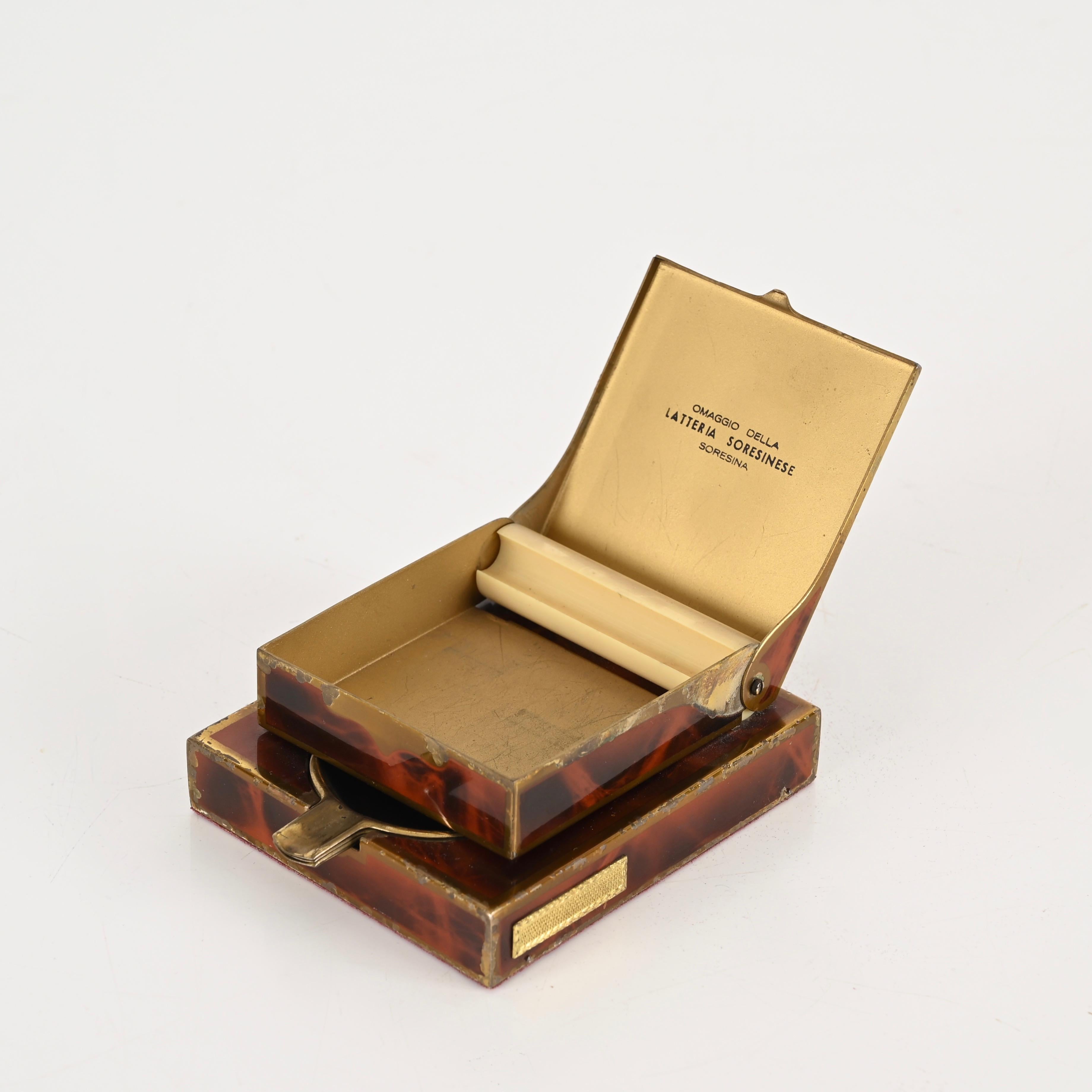 Mid-Century Modern Mid-Century Cigarette Box with Stackable Brass Ashtrays, Italy 1950s