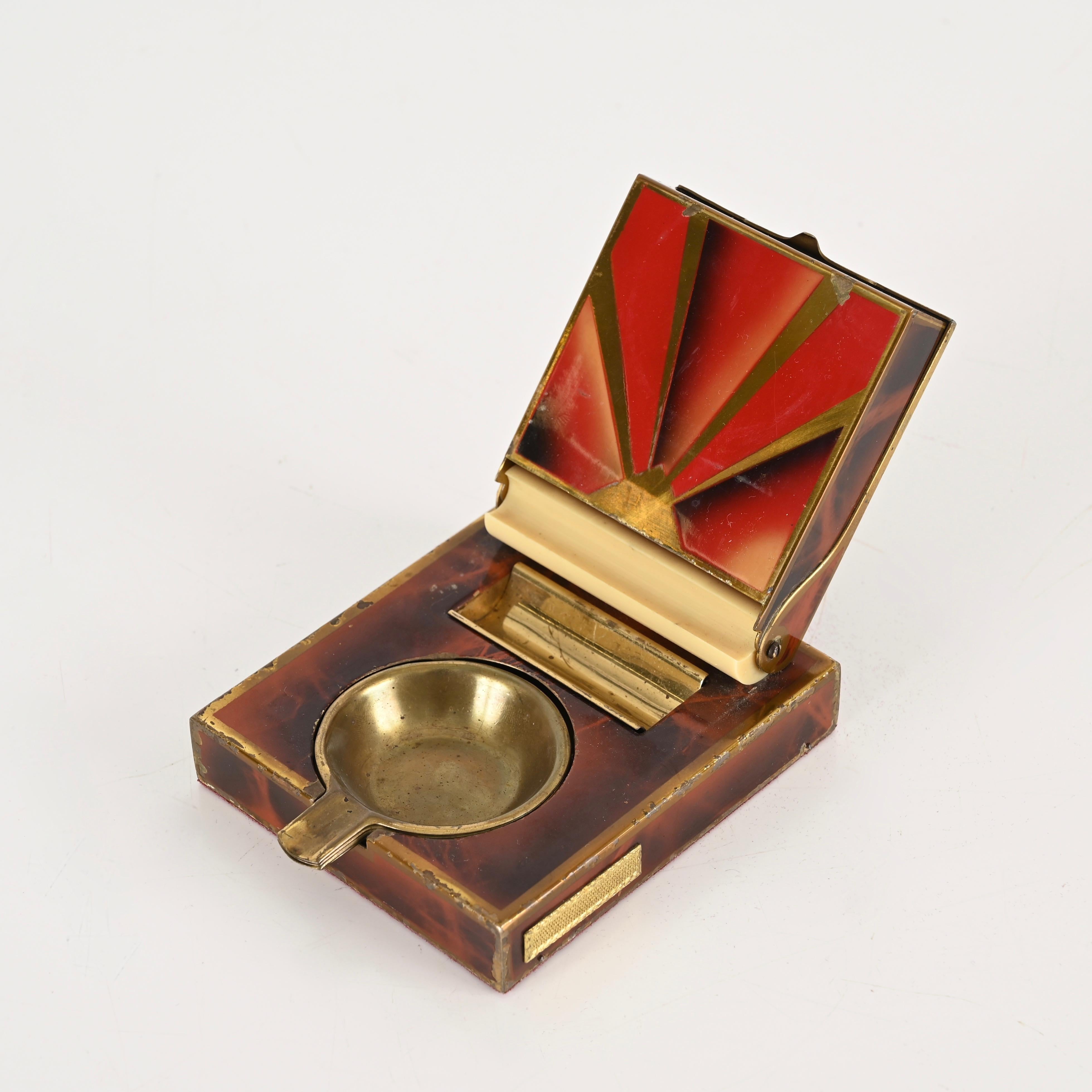 Austrian Mid-Century Cigarette Box with Stackable Brass Ashtrays, Italy 1950s