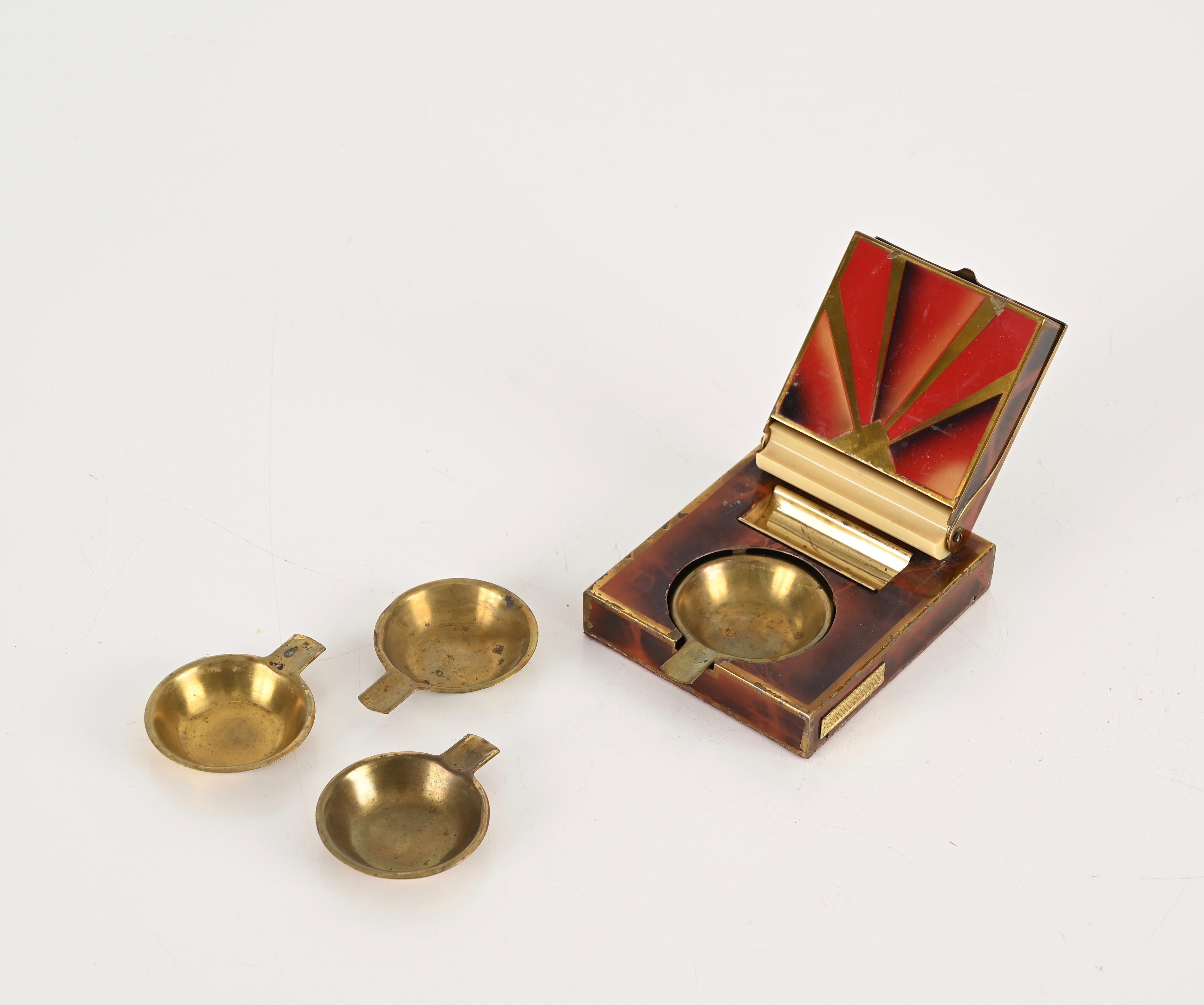 Hand-Crafted Mid-Century Cigarette Box with Stackable Brass Ashtrays, Italy 1950s