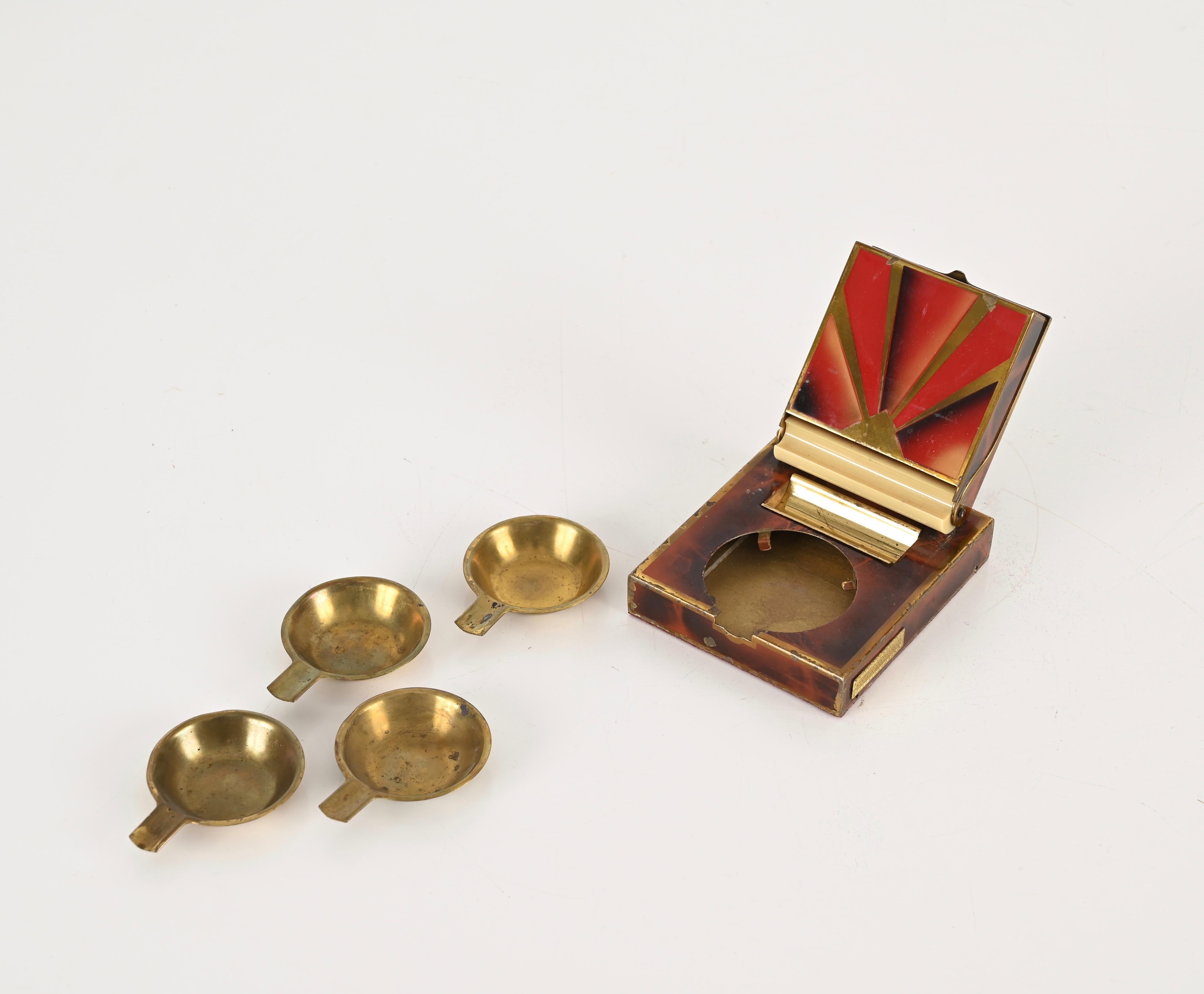 Mid-Century Cigarette Box with Stackable Brass Ashtrays, Italy 1950s 1