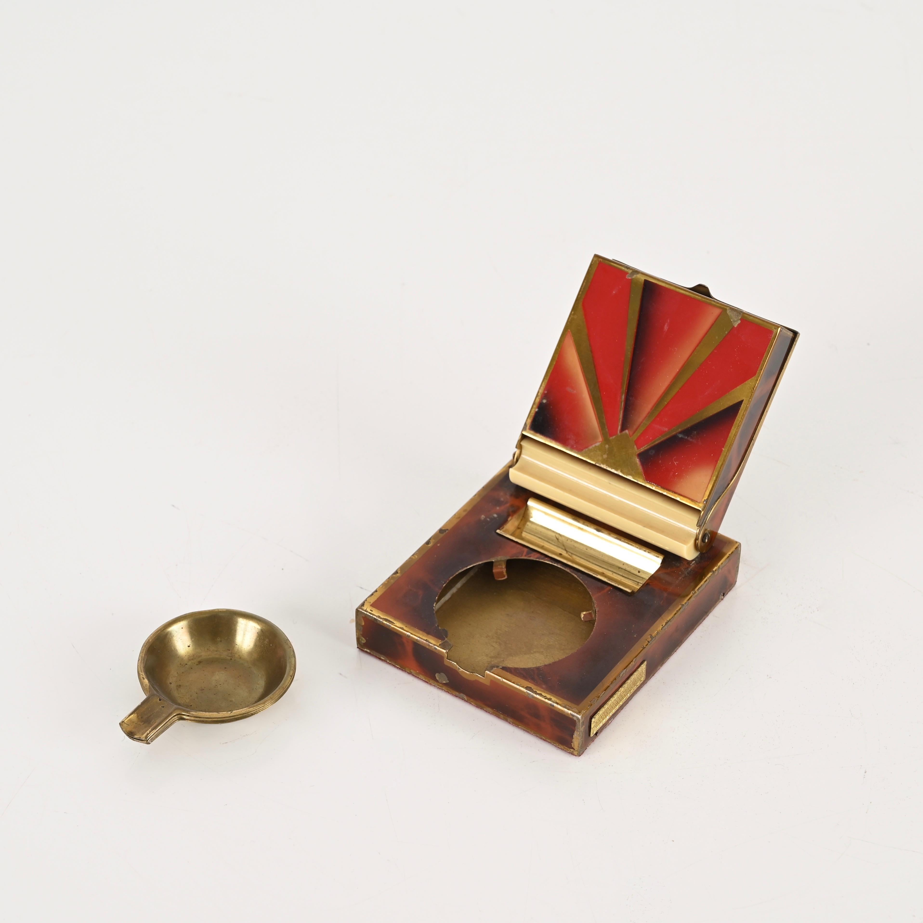 Mid-Century Cigarette Box with Stackable Brass Ashtrays, Italy 1950s 2