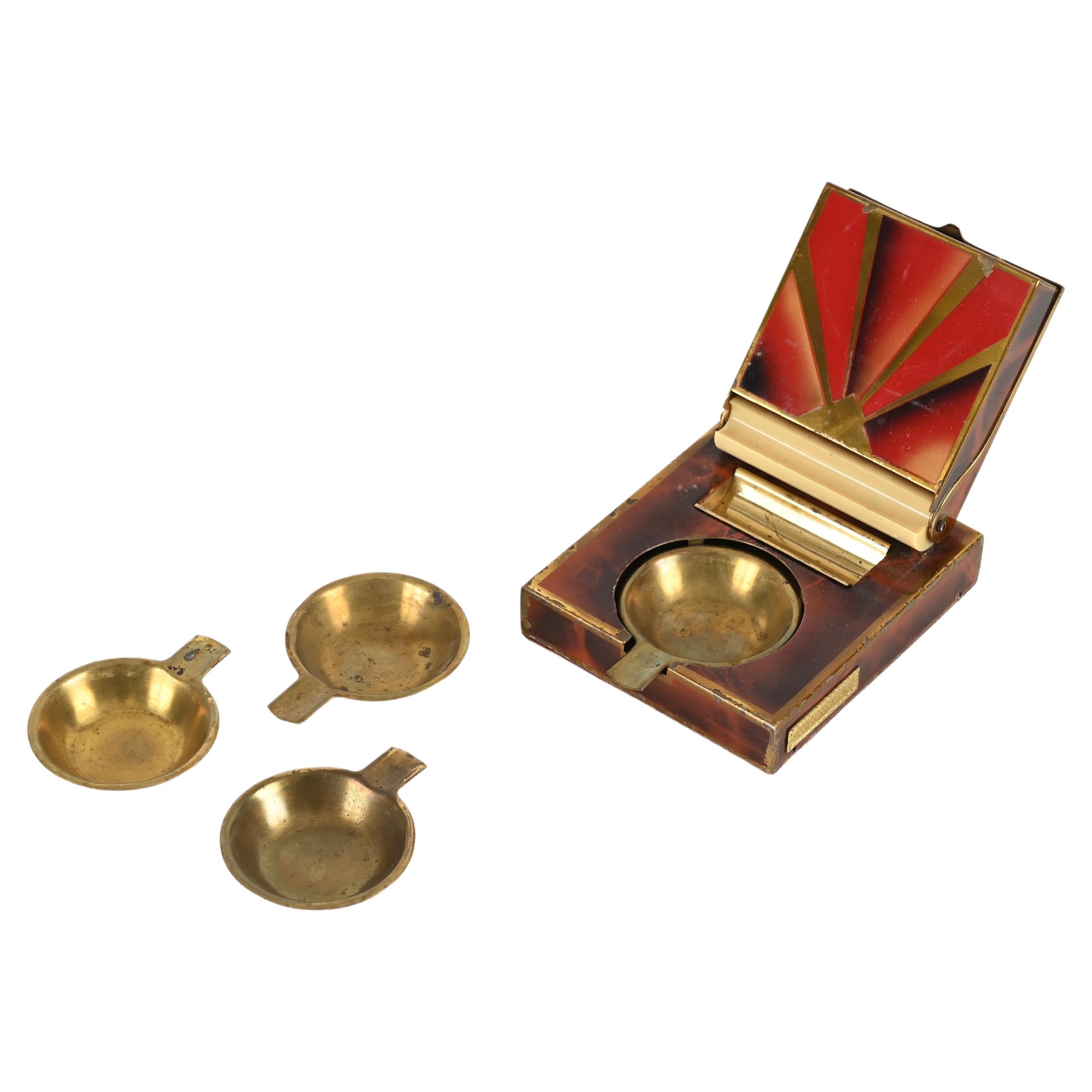 Mid-Century Cigarette Box with Stackable Brass Ashtrays, Italy 1950s