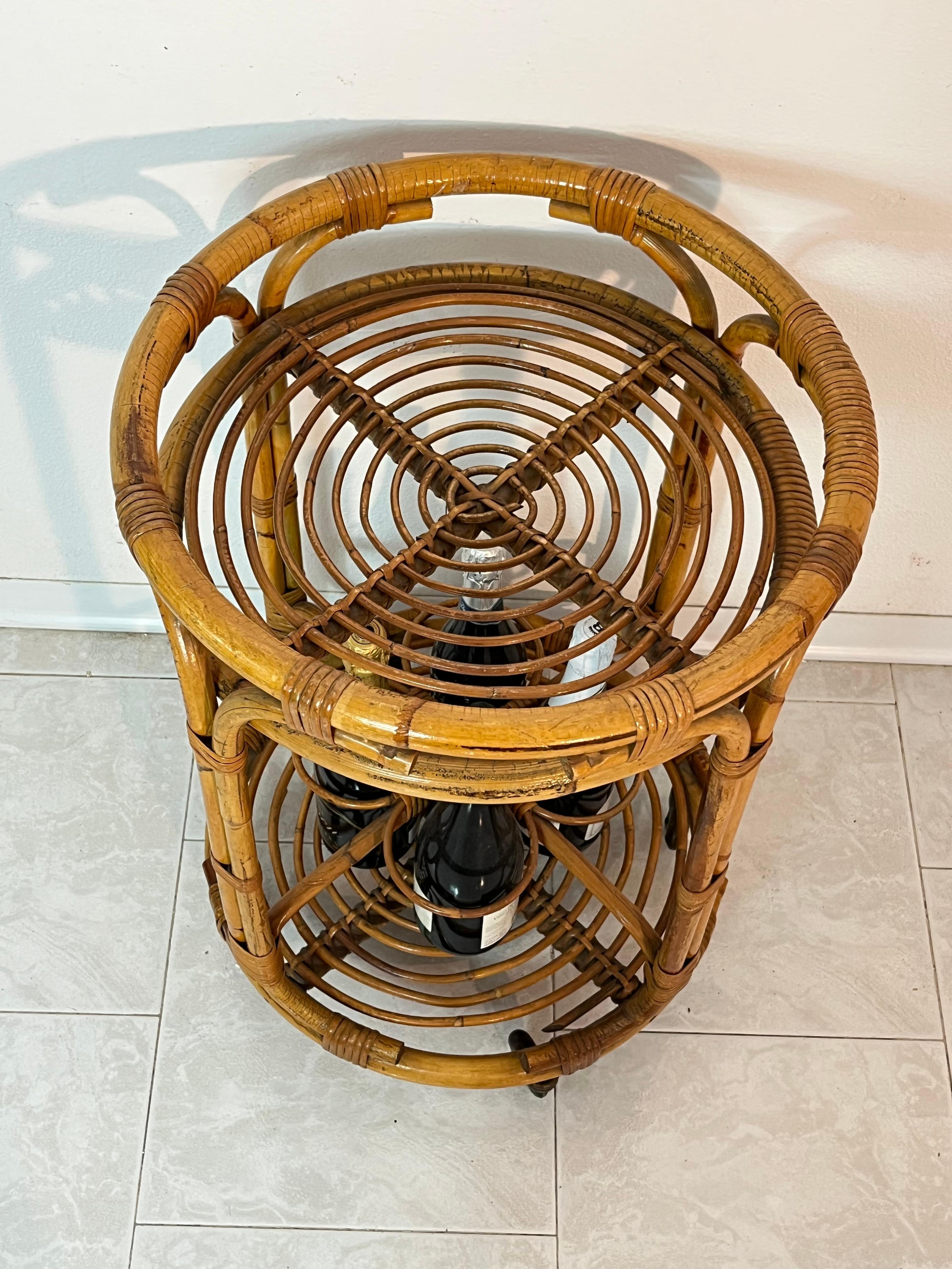 Italian Mid-century Circular Bamboo Bar Cart in the style of Franco Albini, 1960s For Sale