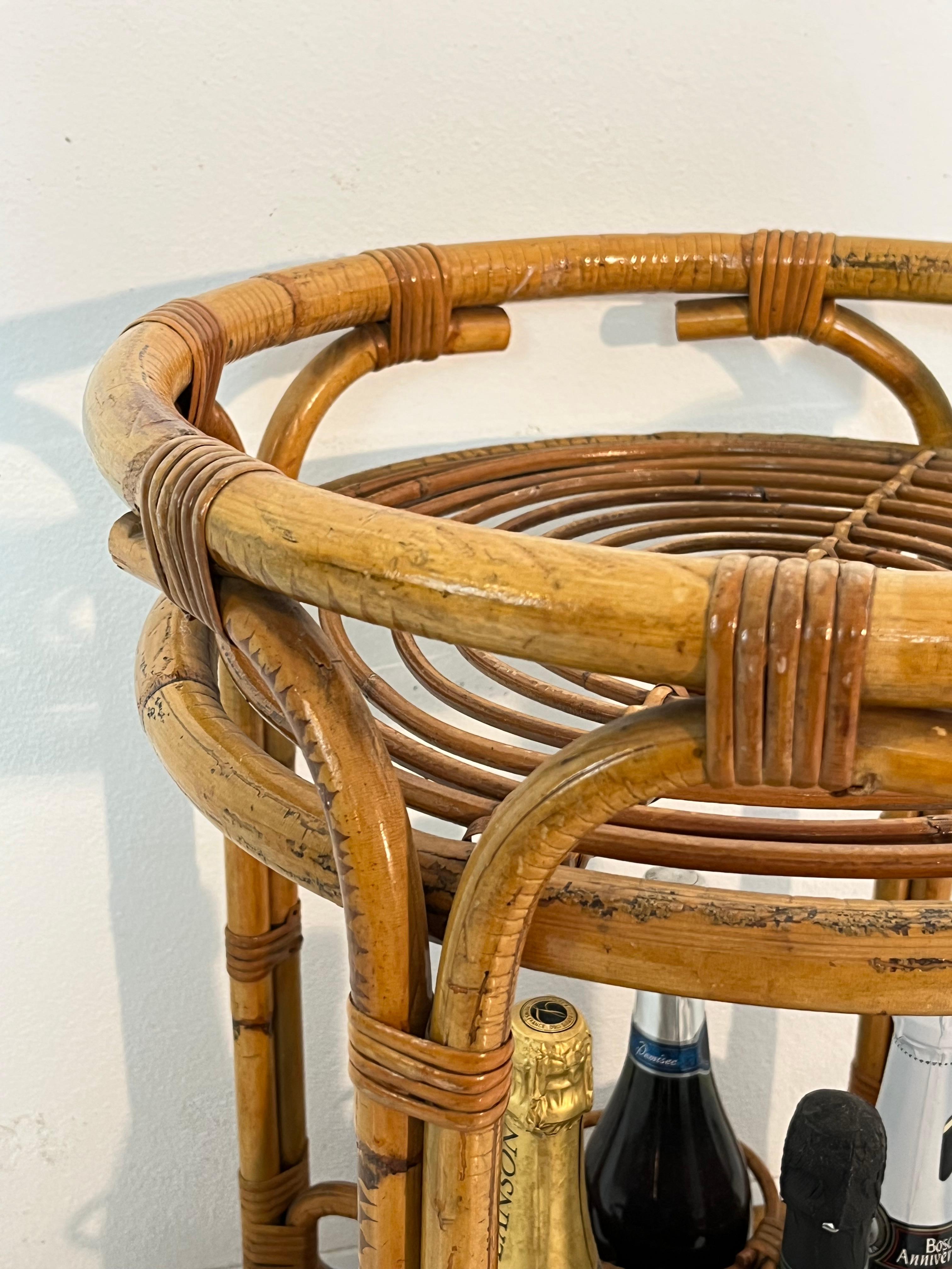 Mid-century Circular Bamboo Bar Cart in the style of Franco Albini, 1960s For Sale 2