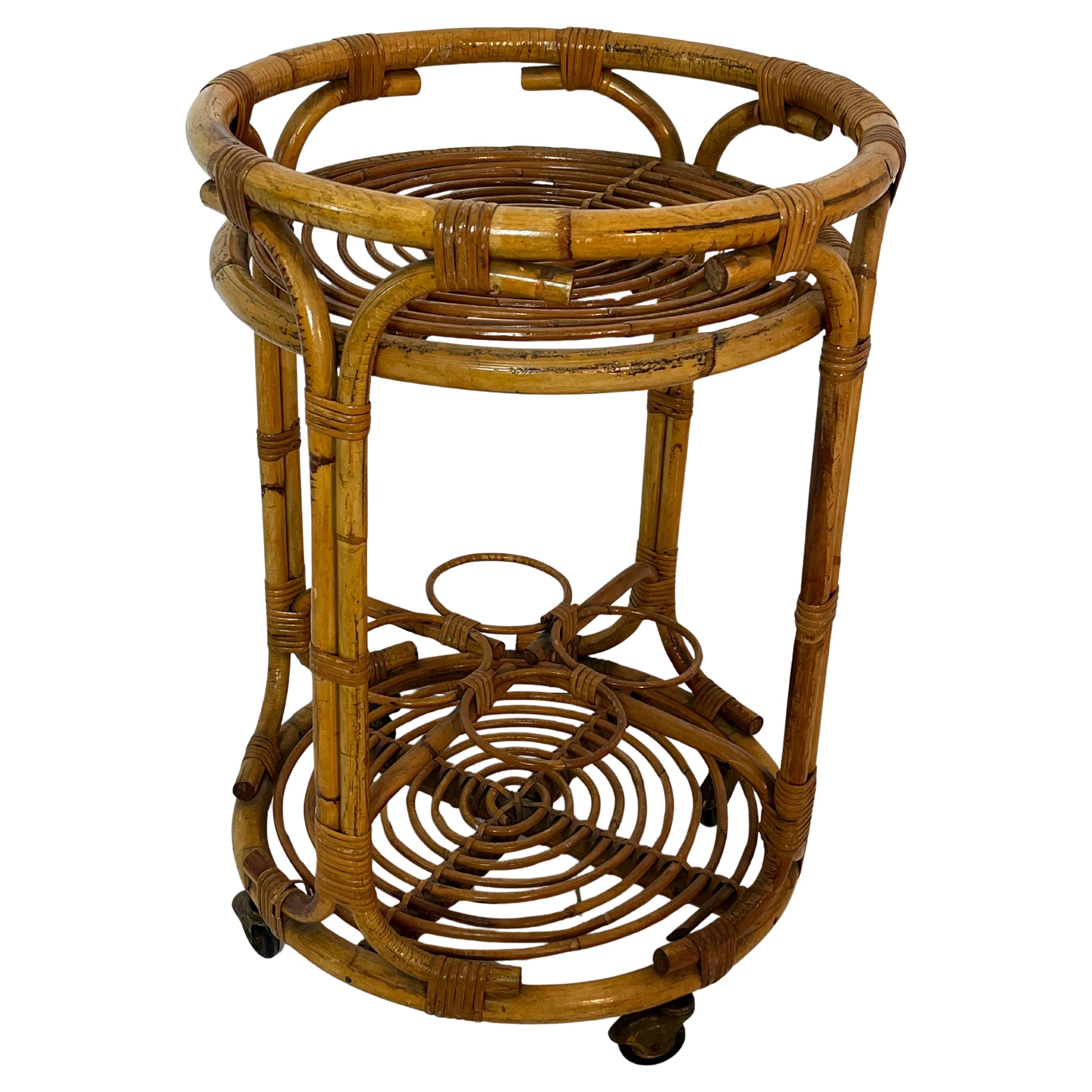 Mid-century Circular Bamboo Bar Cart in the style of Franco Albini, 1960s