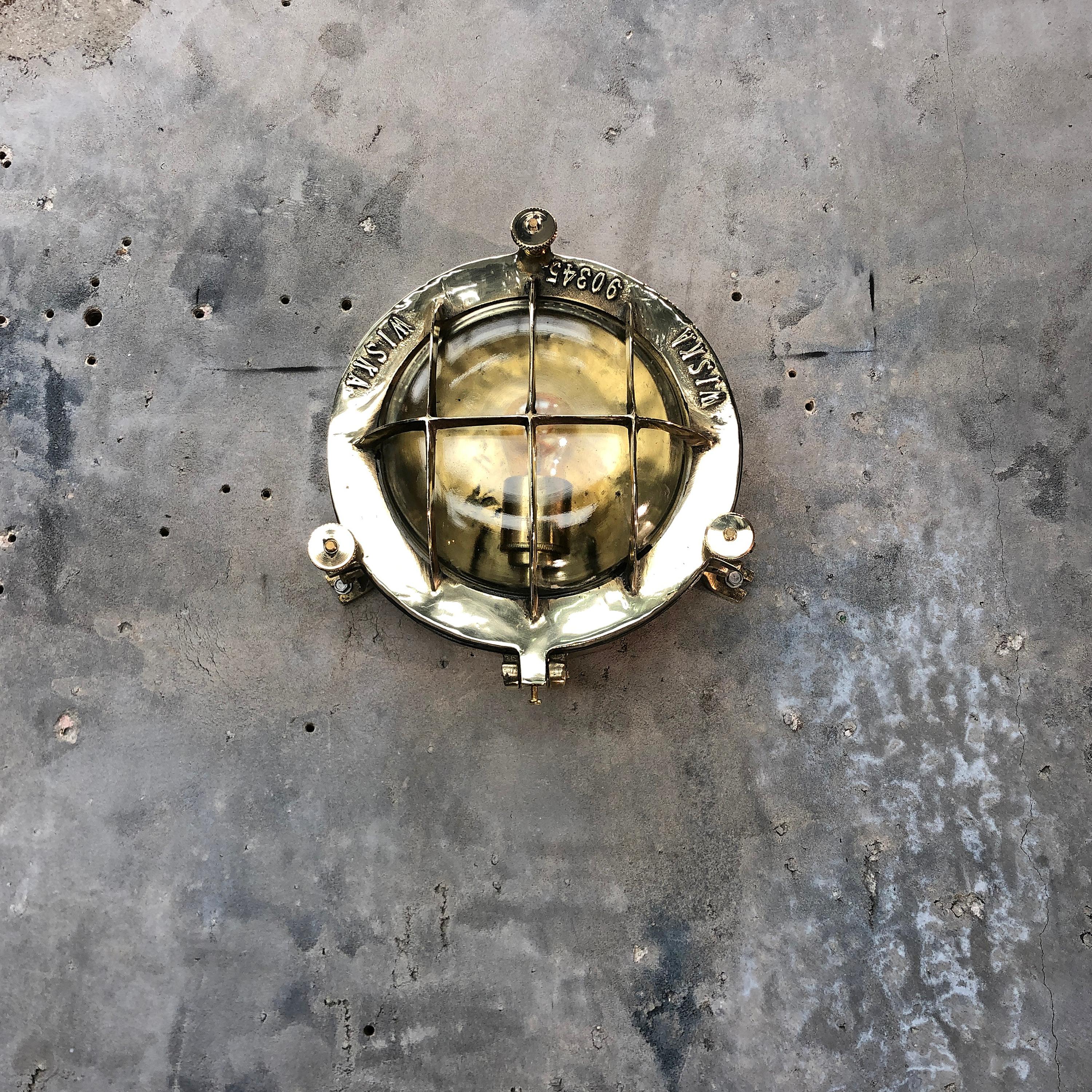 Midcentury Circular Industrial Cast Brass Circular Wall Light with Glass Dome 13