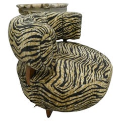Mid century circular lounge chair faux zebra upholstery curved round backrest