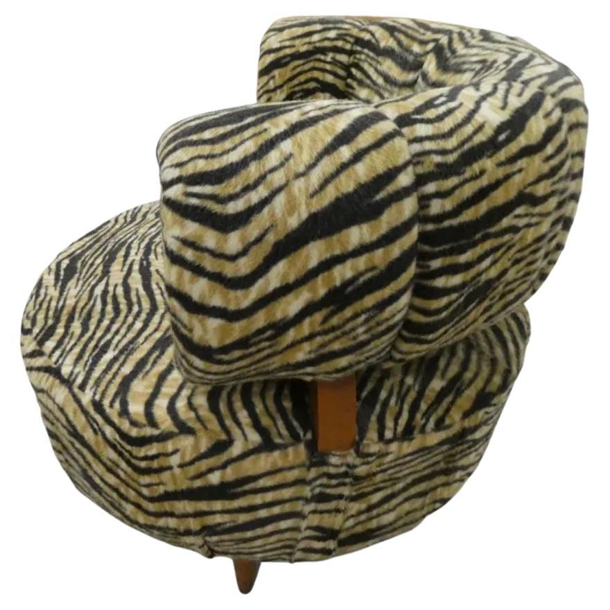 American Mid century circular lounge chair faux zebra upholstery curved round backrest For Sale