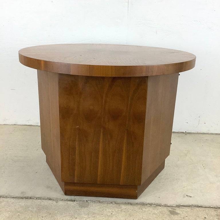 MidCentury Circular Walnut End Table with Storage For Sale at