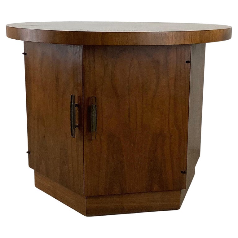 MidCentury Circular Walnut End Table with Storage For Sale at