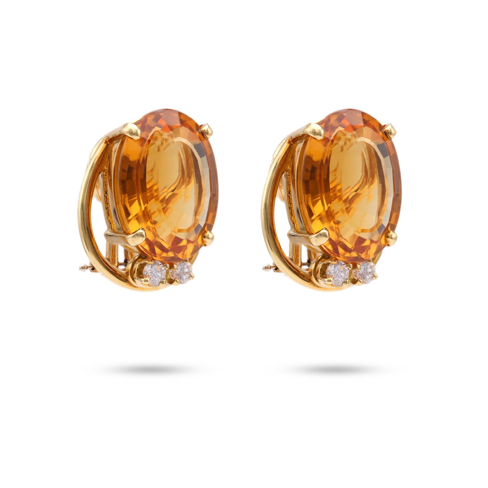 Mid-Century Citrine Diamond 18k Yellow Gold Clip On Earrings In Good Condition For Sale In Beverly Hills, CA