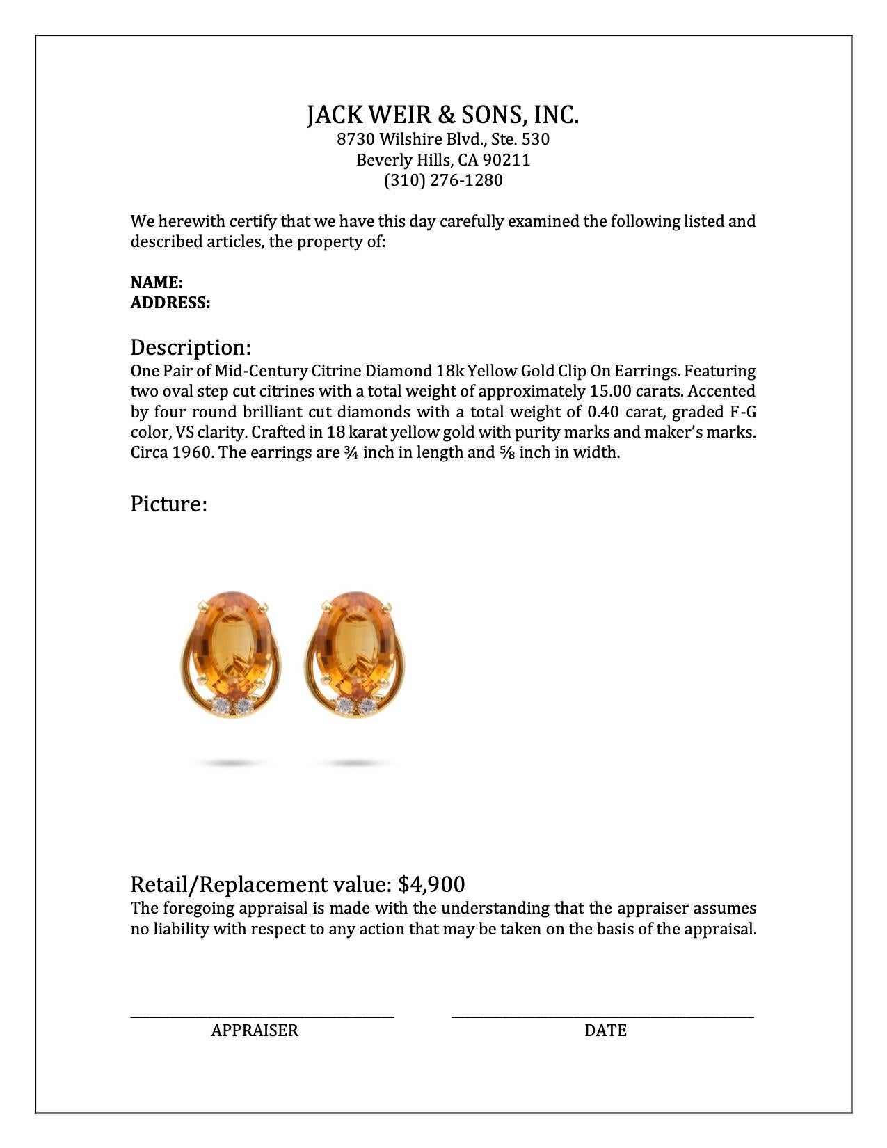 Women's or Men's Mid-Century Citrine Diamond 18k Yellow Gold Clip On Earrings For Sale