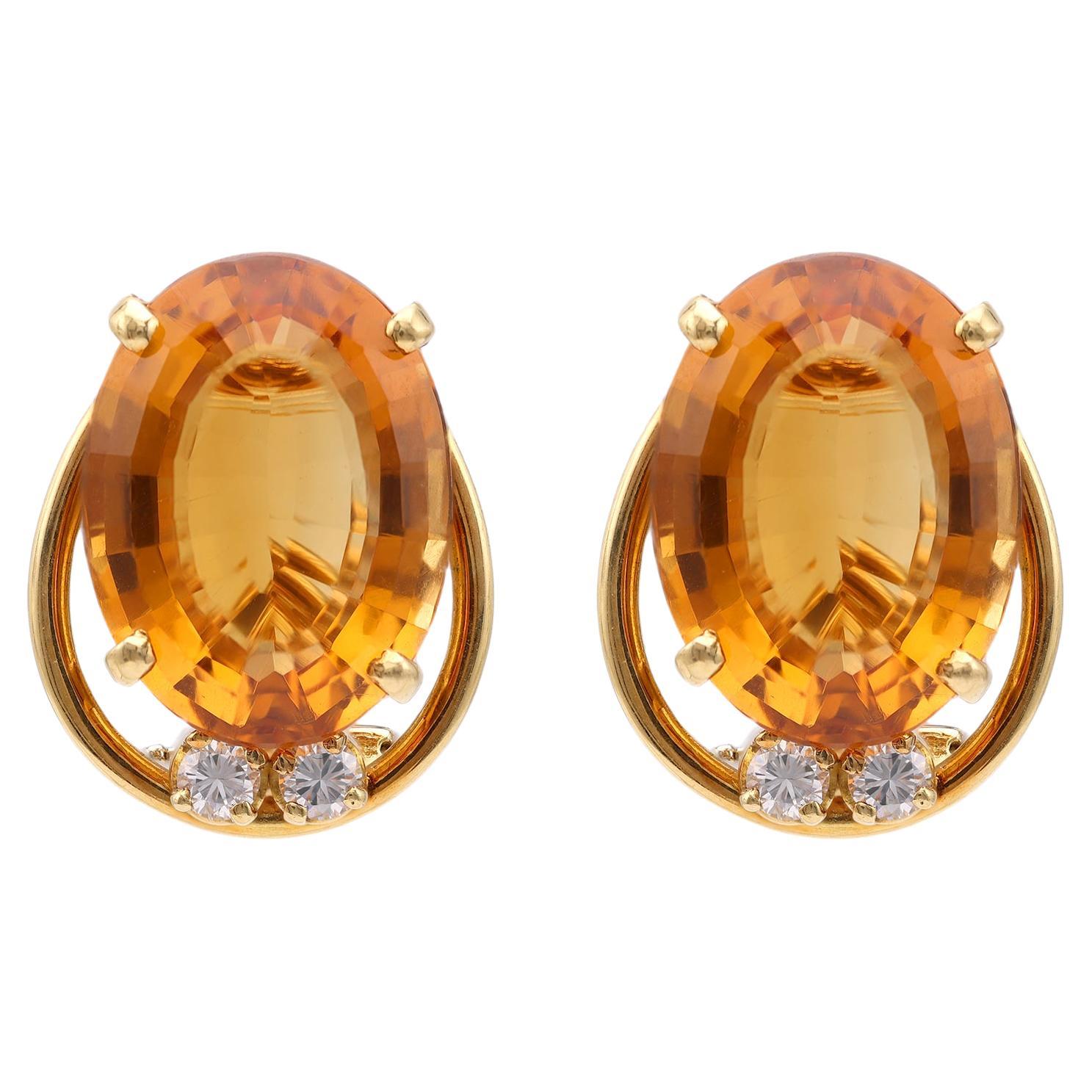 Mid-Century Citrine Diamond 18k Yellow Gold Clip On Earrings For Sale