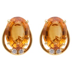 Boucles d'oreilles à clip en or jaune 18k avec citrine et diamant du milieu du siècle