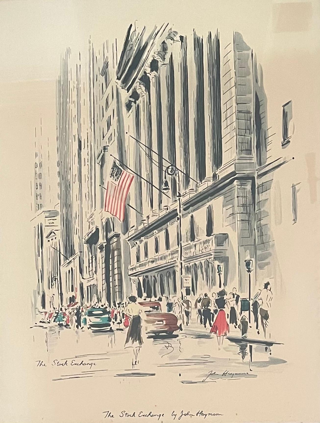 American Mid-Century Cityscape Lithograph of The New York Stock Exchange by John Haymson