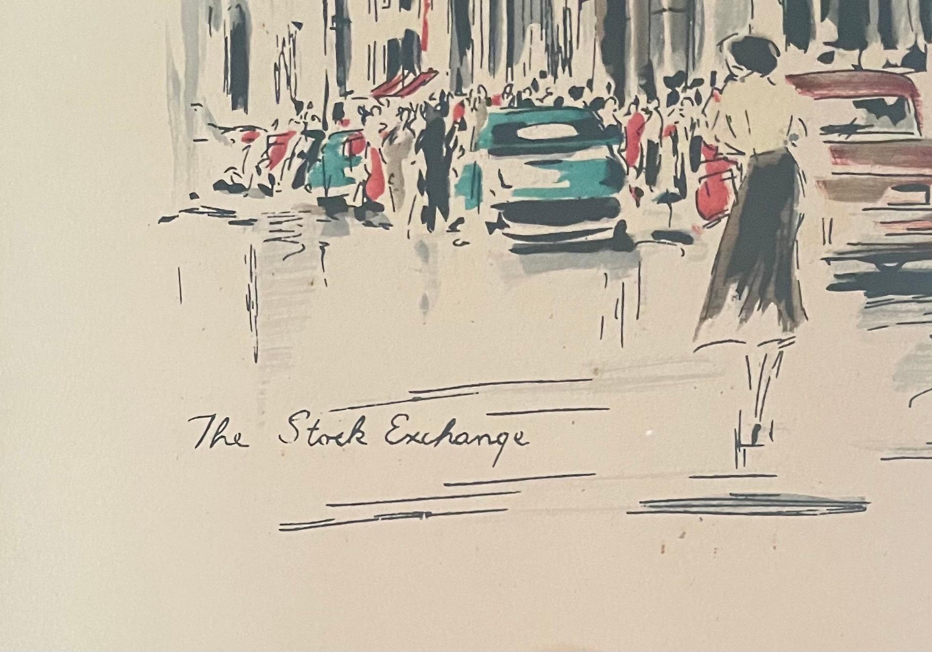 Mid-Century Cityscape Lithograph of The New York Stock Exchange by John Haymson In Fair Condition In San Diego, CA