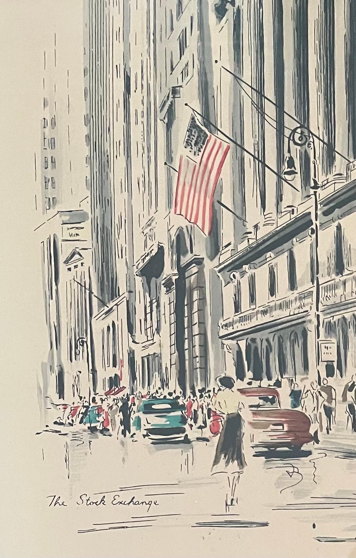 Paper Mid-Century Cityscape Lithograph of The New York Stock Exchange by John Haymson