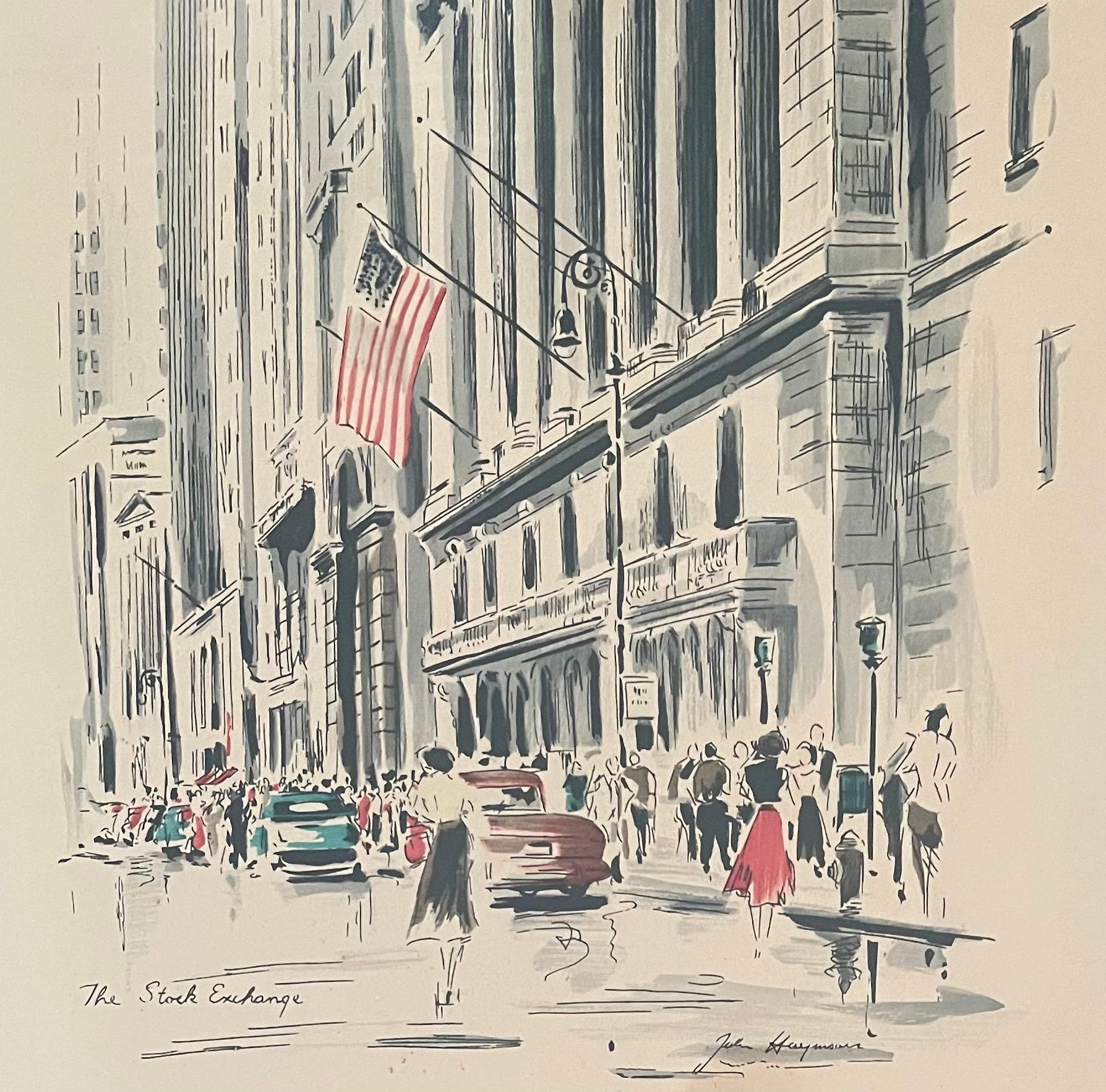 Mid-Century Cityscape Lithograph of The New York Stock Exchange by John Haymson 1