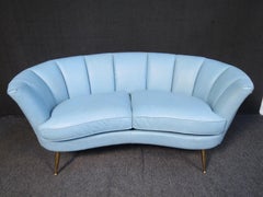 Mid-Century Clam Shell Loveseat in Faux Leather with Bronze Legs