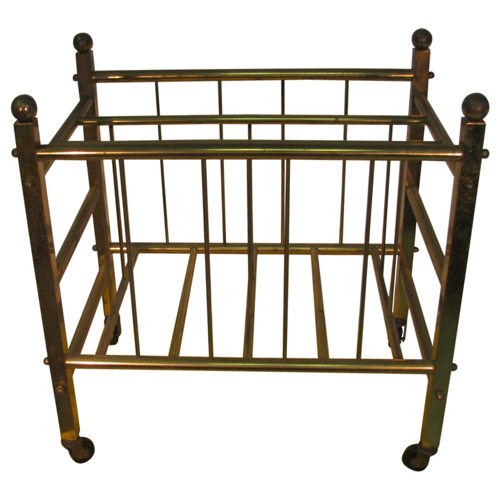 Machine-Made Mid Century Classical Brass Magazine Rack on Wheels C1965 For Sale