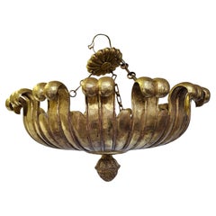Mid Century Carved Italian Giltwood Curved Acanthus Leaf Pendant Chandelier
