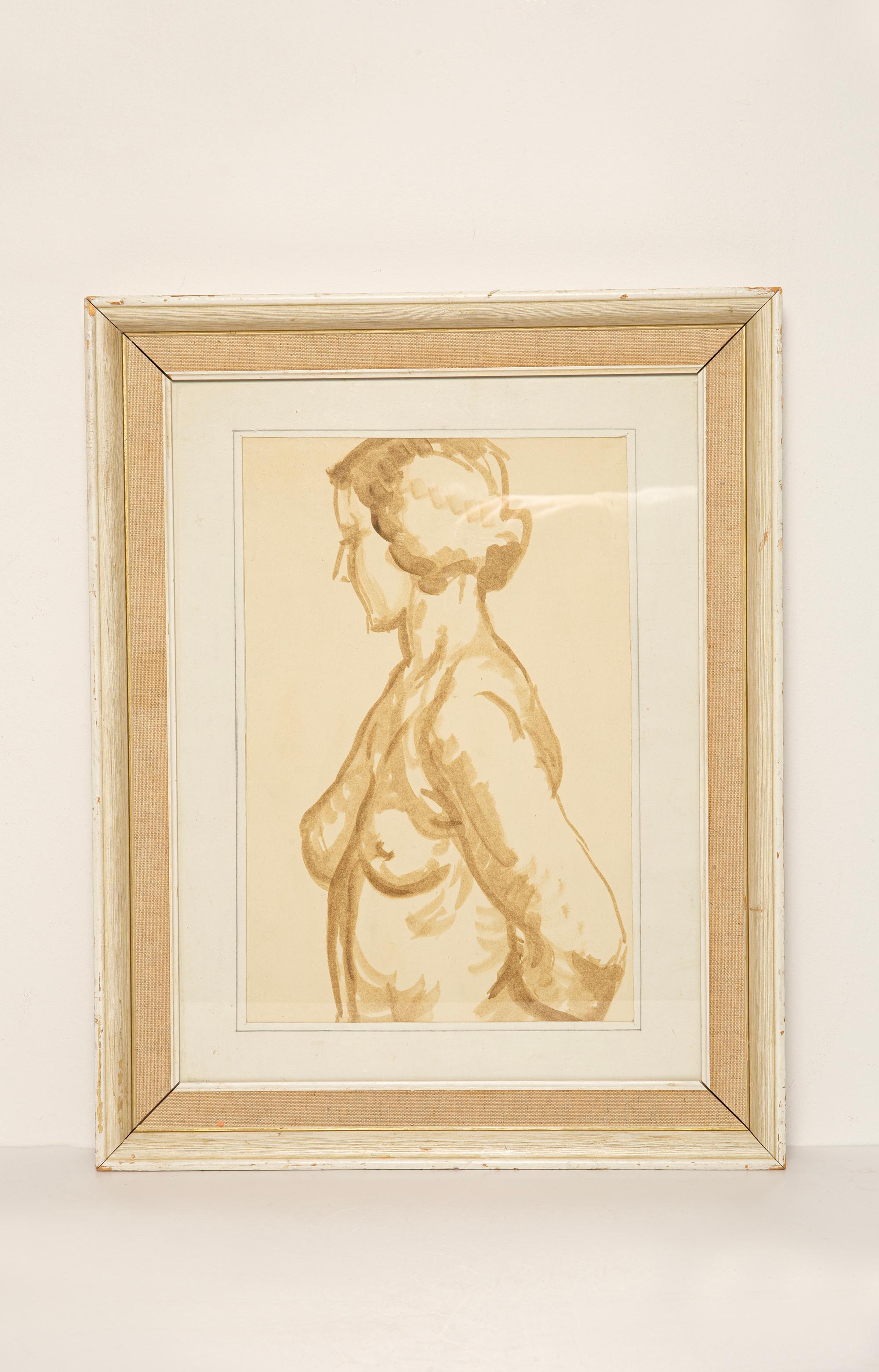 Anglais Peinture f�éminine classique du milieu du siècle, cadre en bois et lin, années 1930 en vente