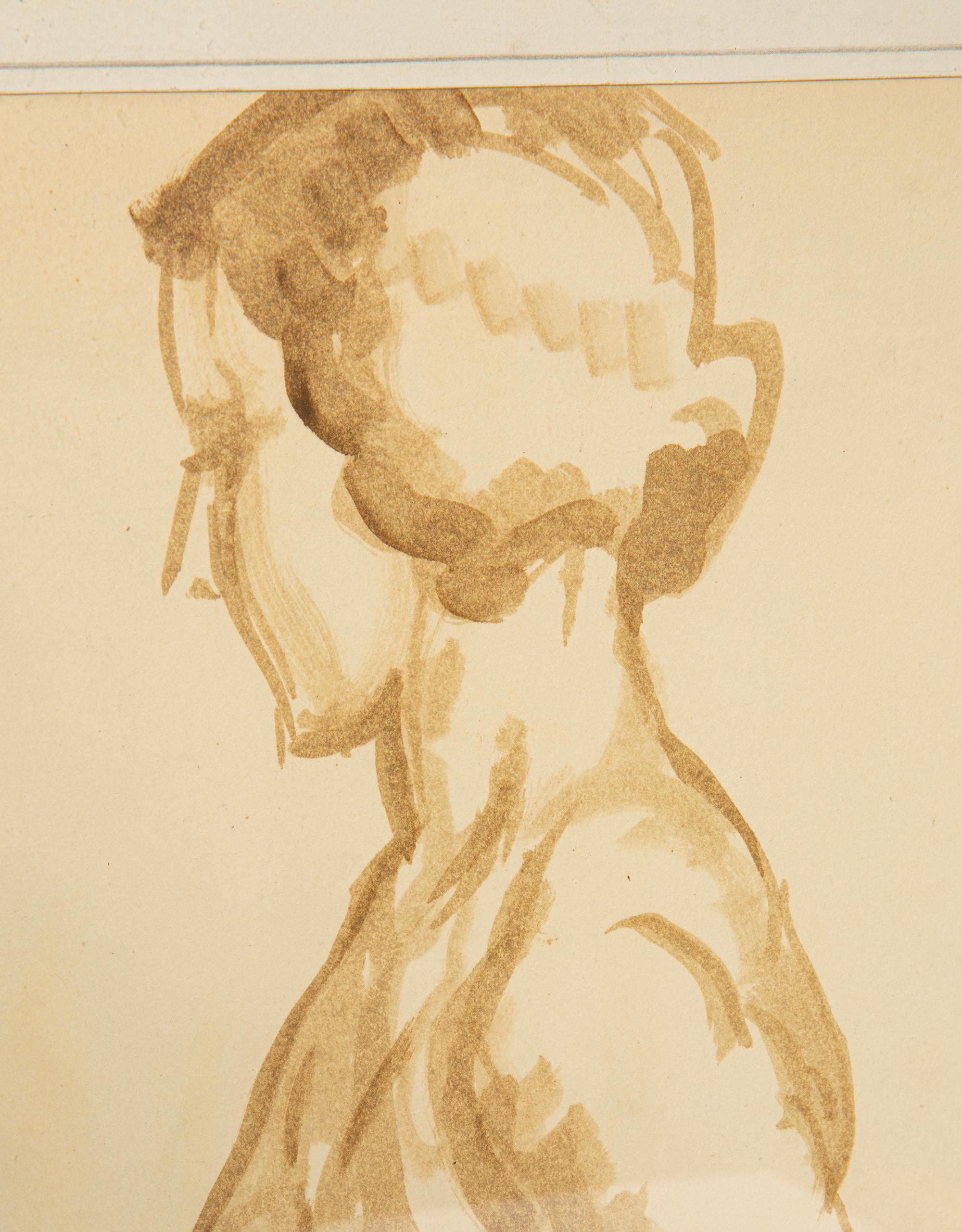 Peint à la main Peinture féminine classique du milieu du siècle, cadre en bois et lin, années 1930 en vente