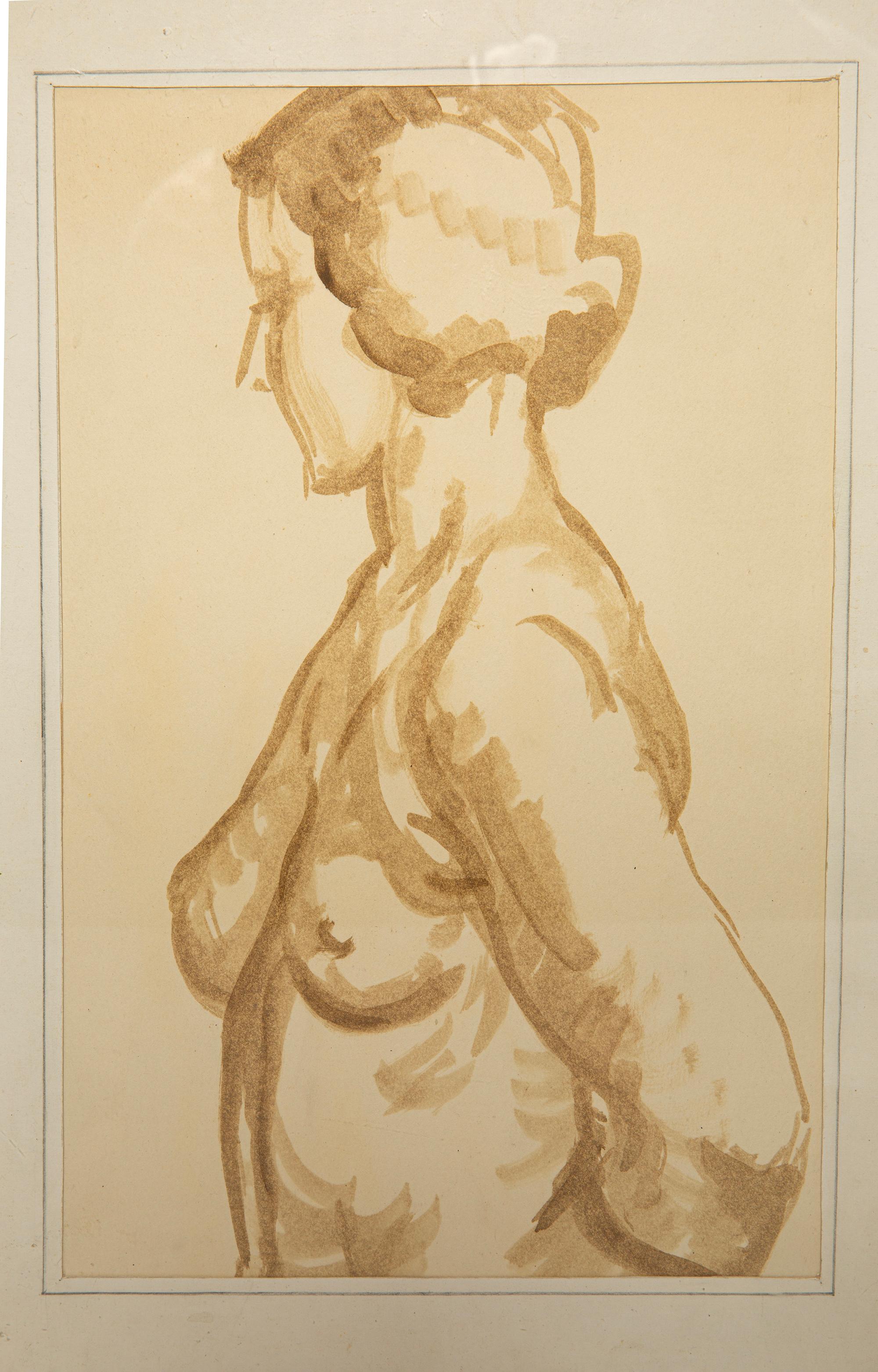 Bois Peinture féminine classique du milieu du siècle, cadre en bois et lin, années 1930 en vente