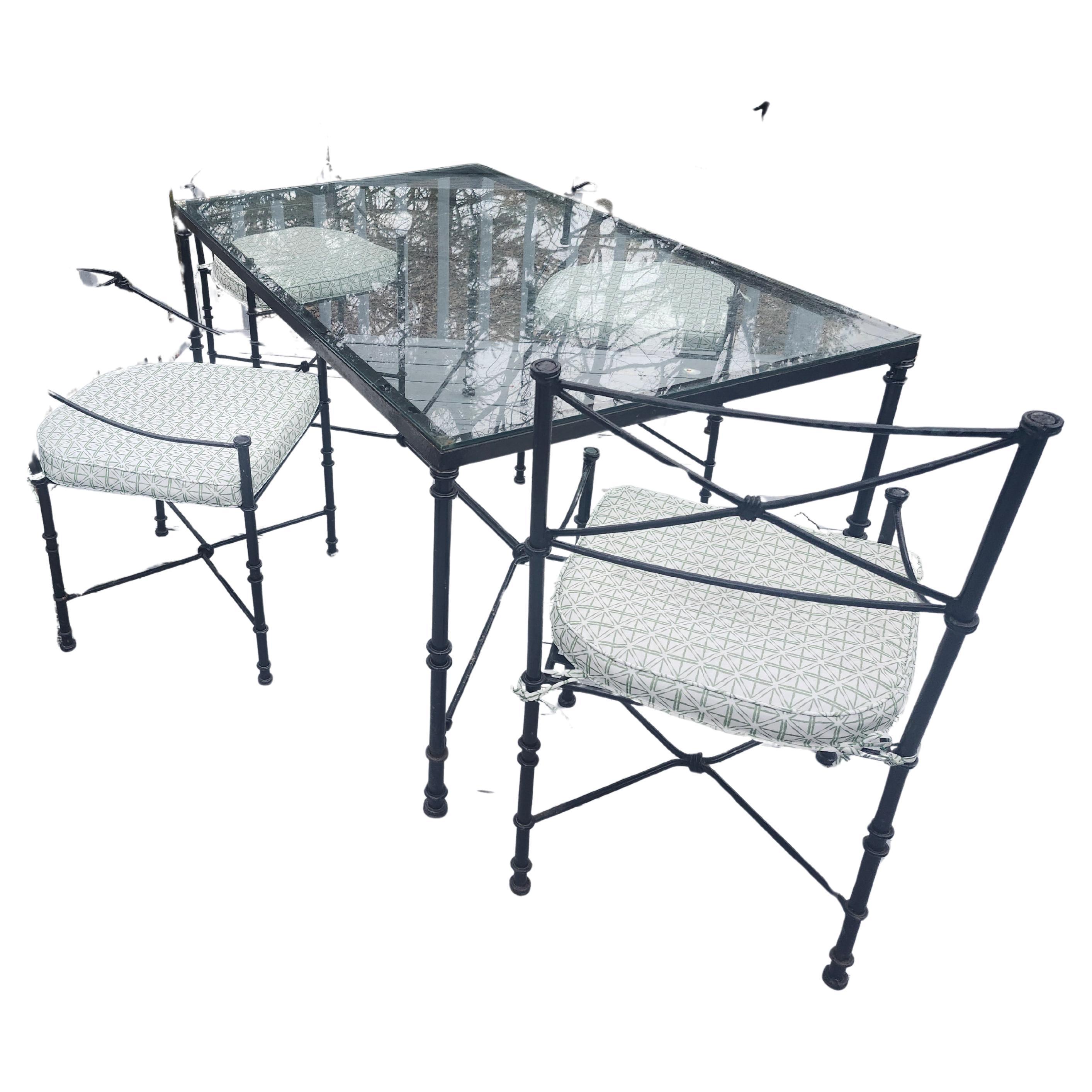 Hand-Crafted Mid Century Classical Roman Outdoor Patio Garden Set Glass Top Table 4 Chairs For Sale