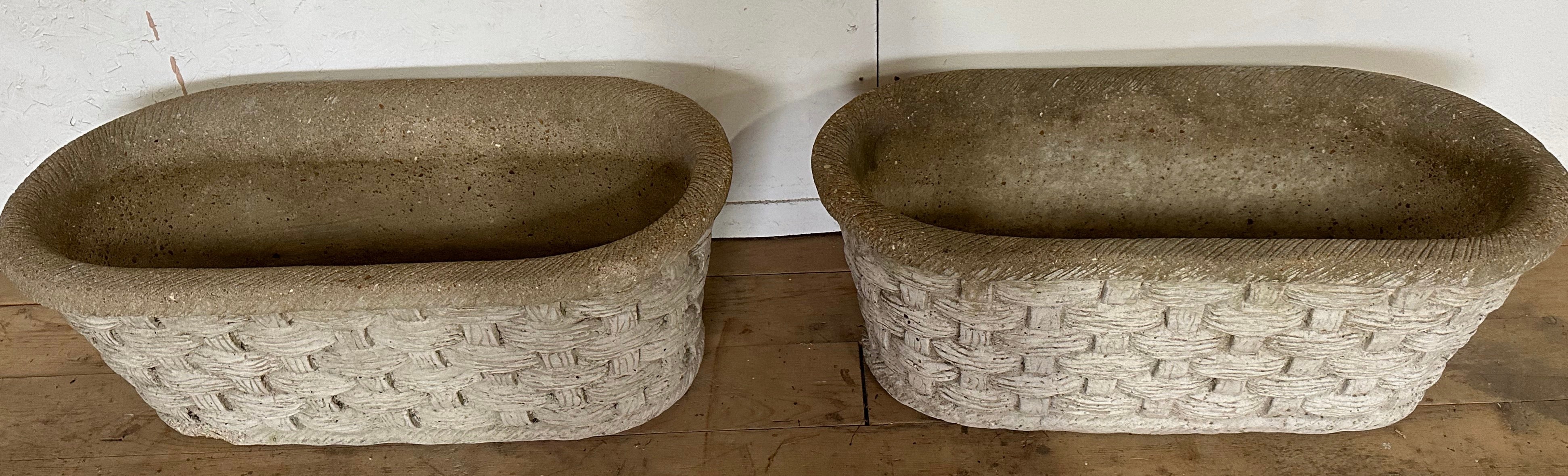 3 Classical Basket Weave Garden Planters -- SOLD SINGLY.
Excellent large oval shaped planters, decorated with basket weave and roped edge.
They are in good condition, and a wonderful weathered look with 2 drainage holes
Search terms:  Gustavian