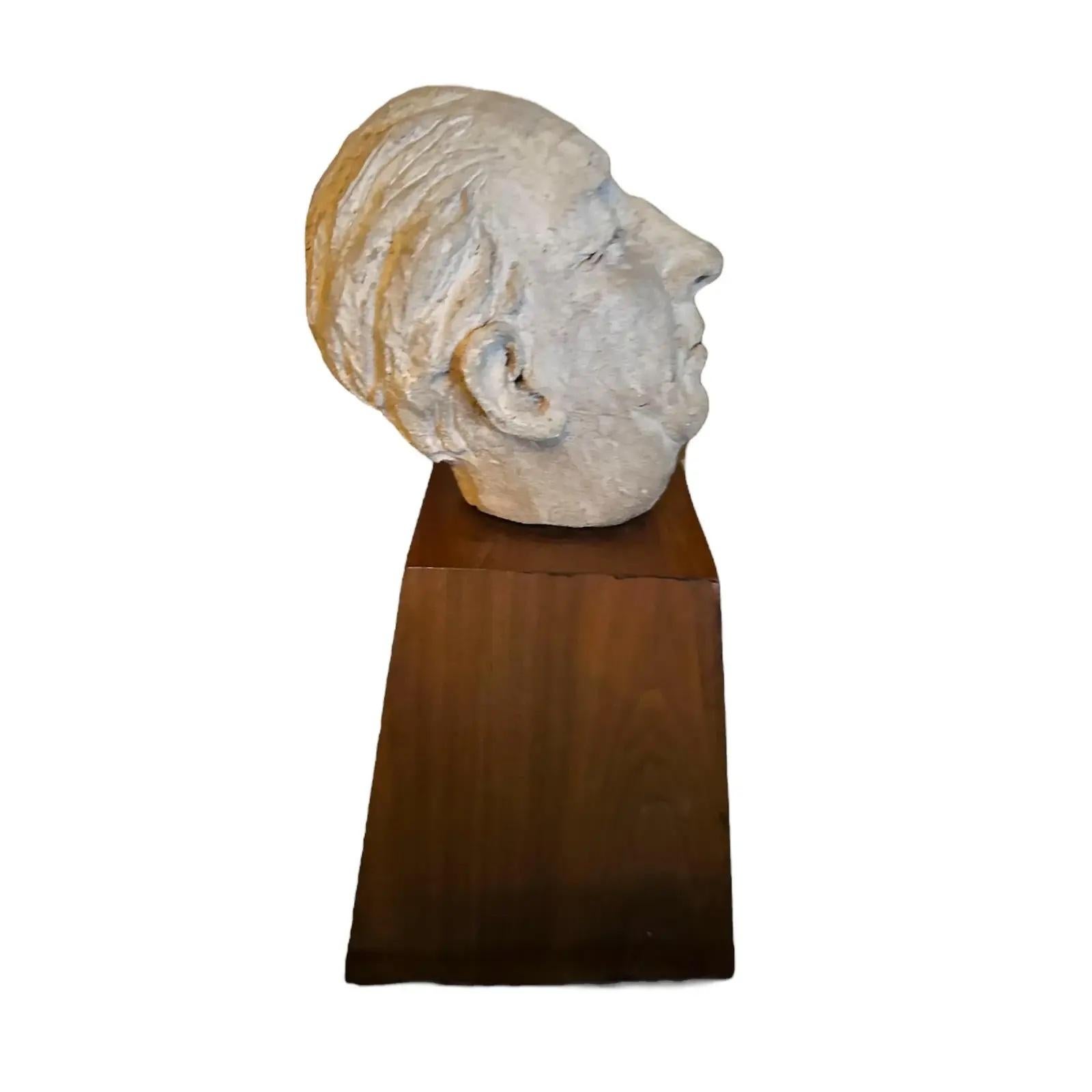 Mid Century clay bust of a man. Brutalist and unique on a wooden base. Expressive and abstract.
