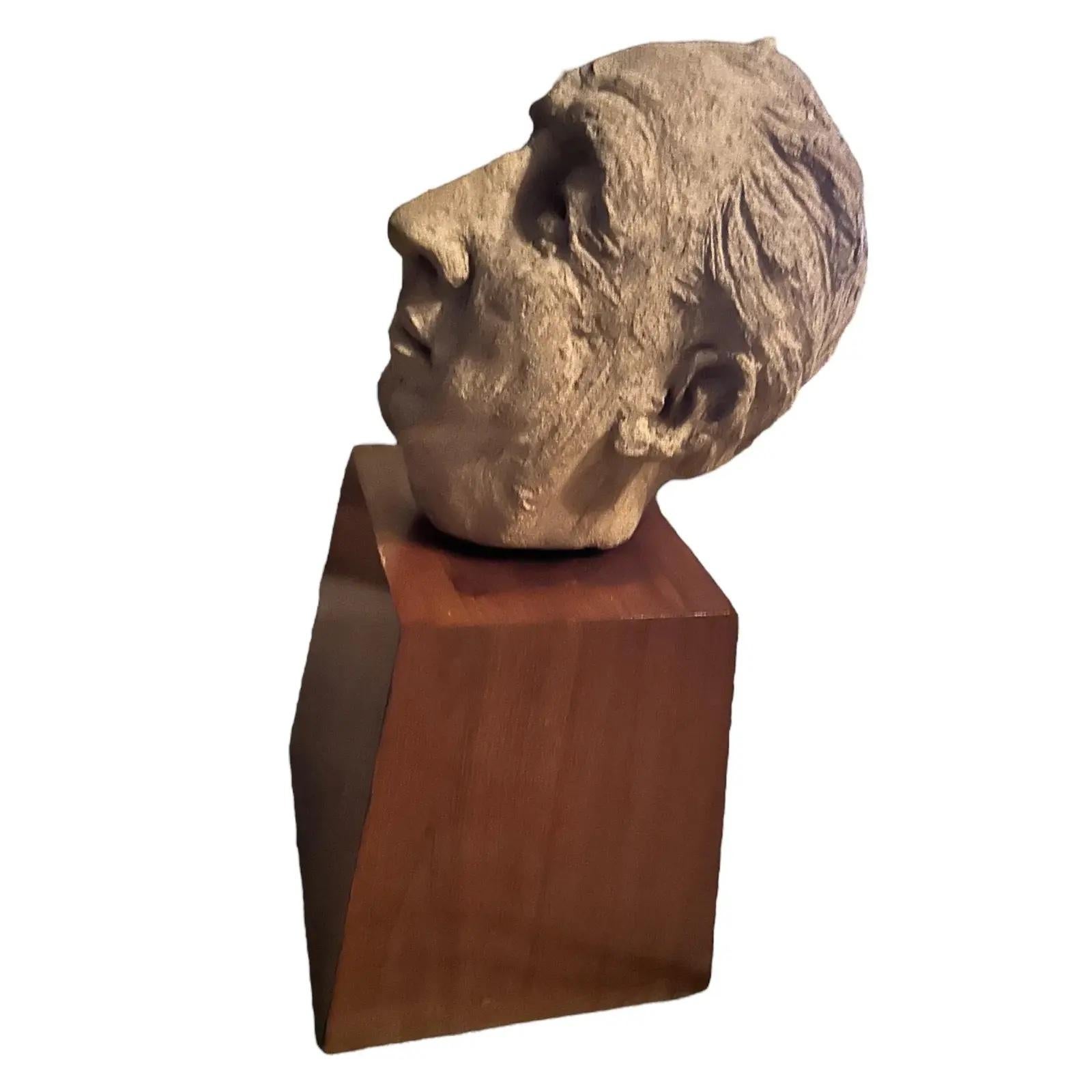 Unknown Mid Century Clay Head Sculpture on Wood Base For Sale