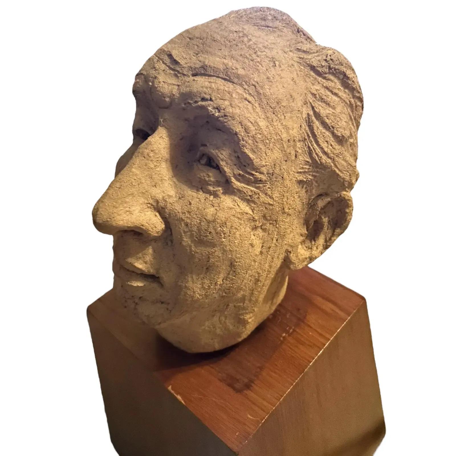 Mid Century Clay Head Sculpture on Wood Base In Good Condition For Sale In West Hollywood, CA