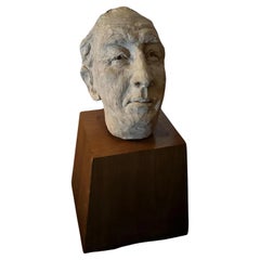 Mid Century Clay Head Sculpture on Wood Base