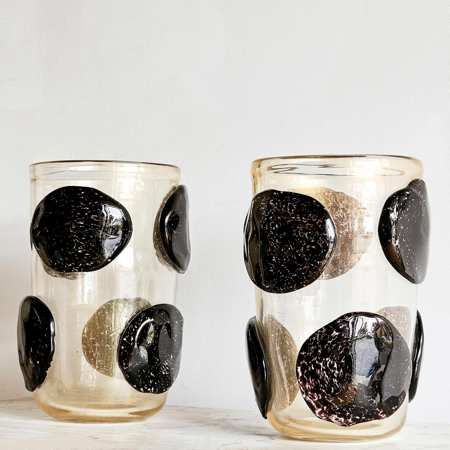 Hand-Crafted 20th Century Italian Clear and Black Murano Glass Vases