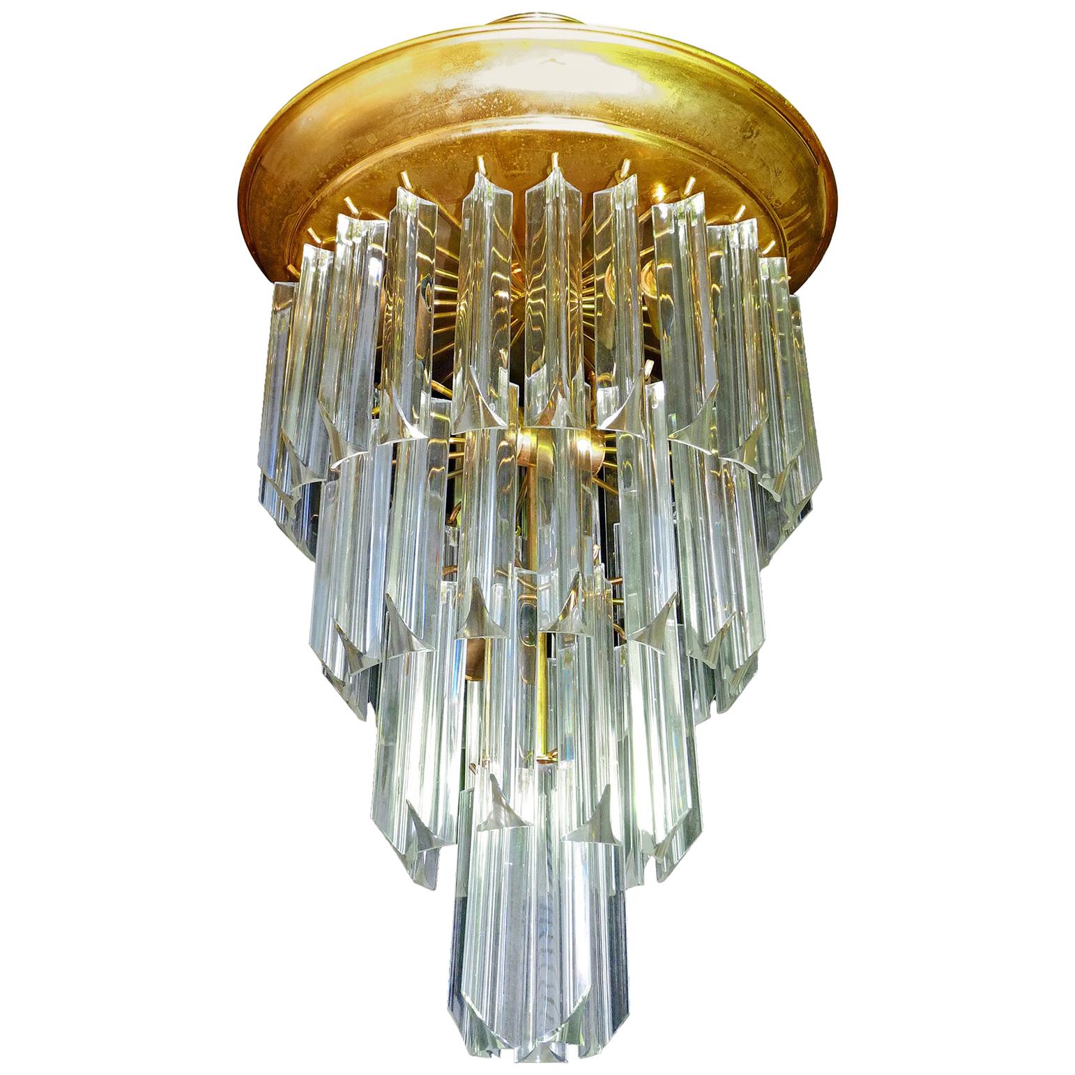 Midcentury Clear Crystal Glass Prisms and Gilt Brass Wedding Cake Chandelier