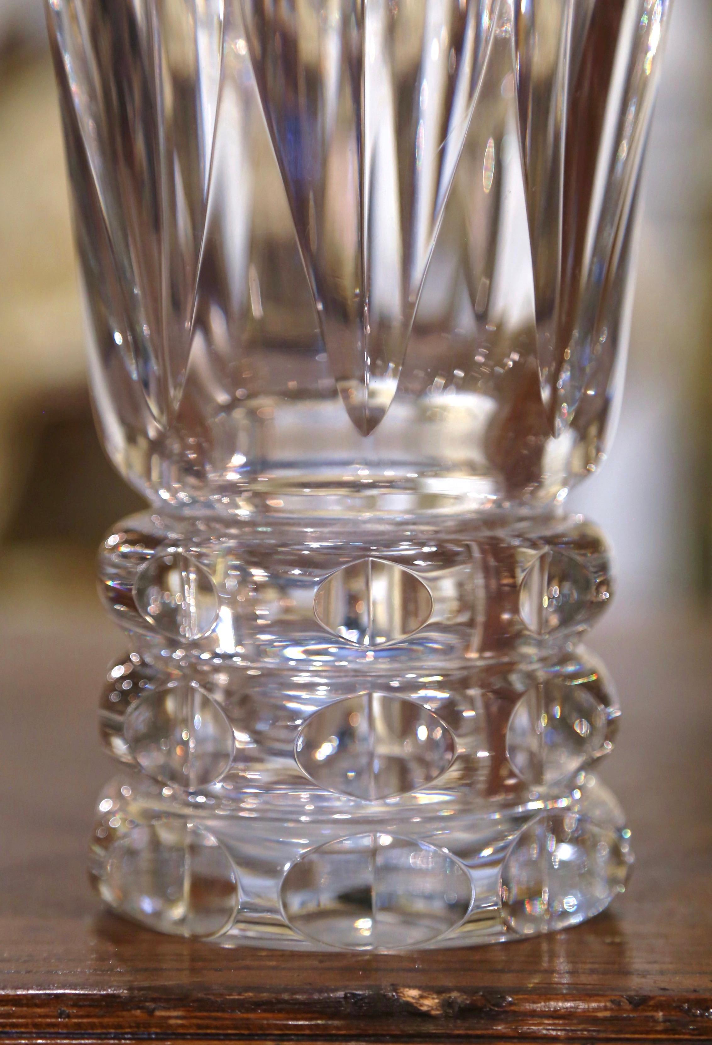 French Mid-Century Clear Cut Crystal Trumpet Vase with Geometric Motifs For Sale