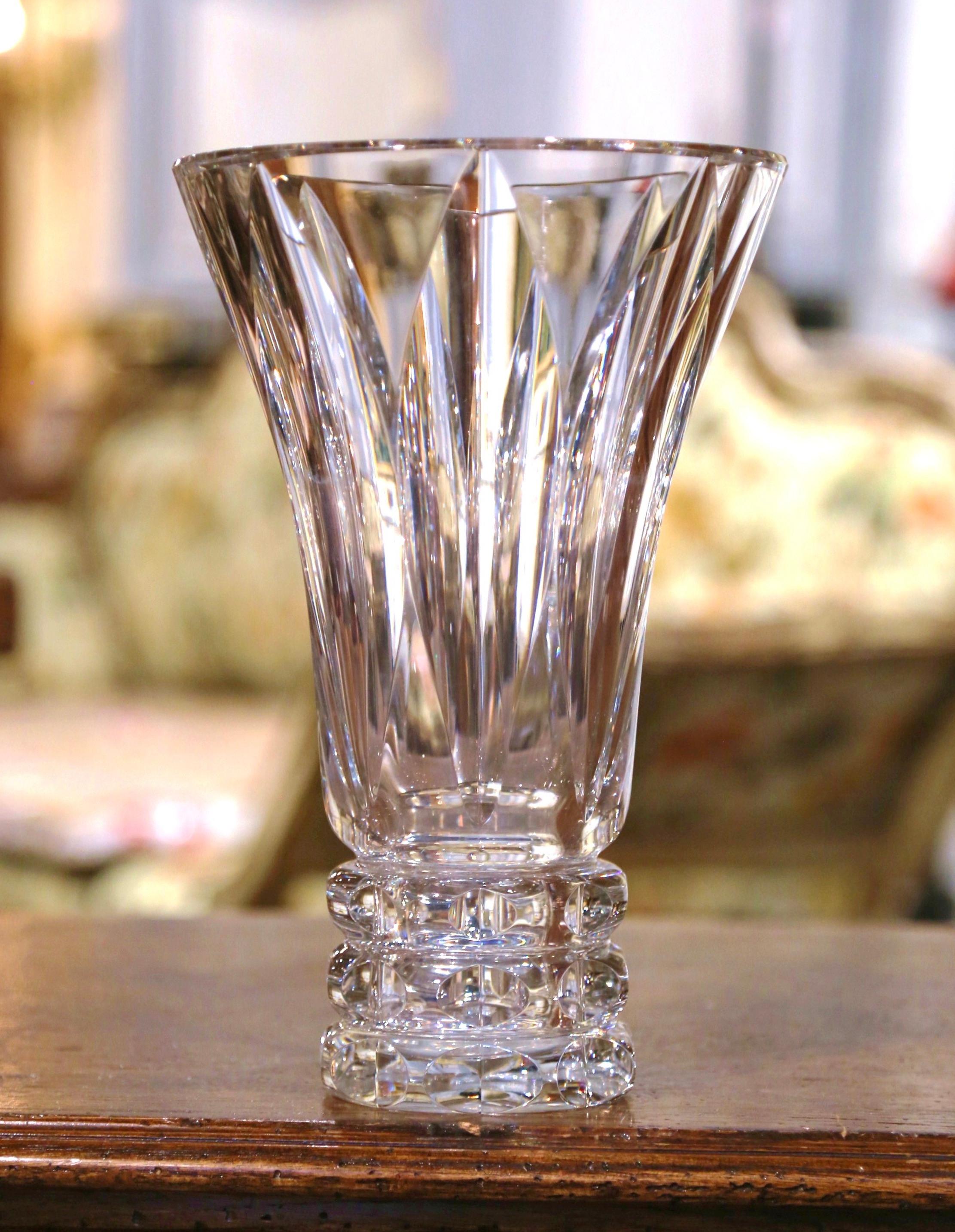 Hand-Crafted Mid-Century Clear Cut Crystal Trumpet Vase with Geometric Motifs For Sale