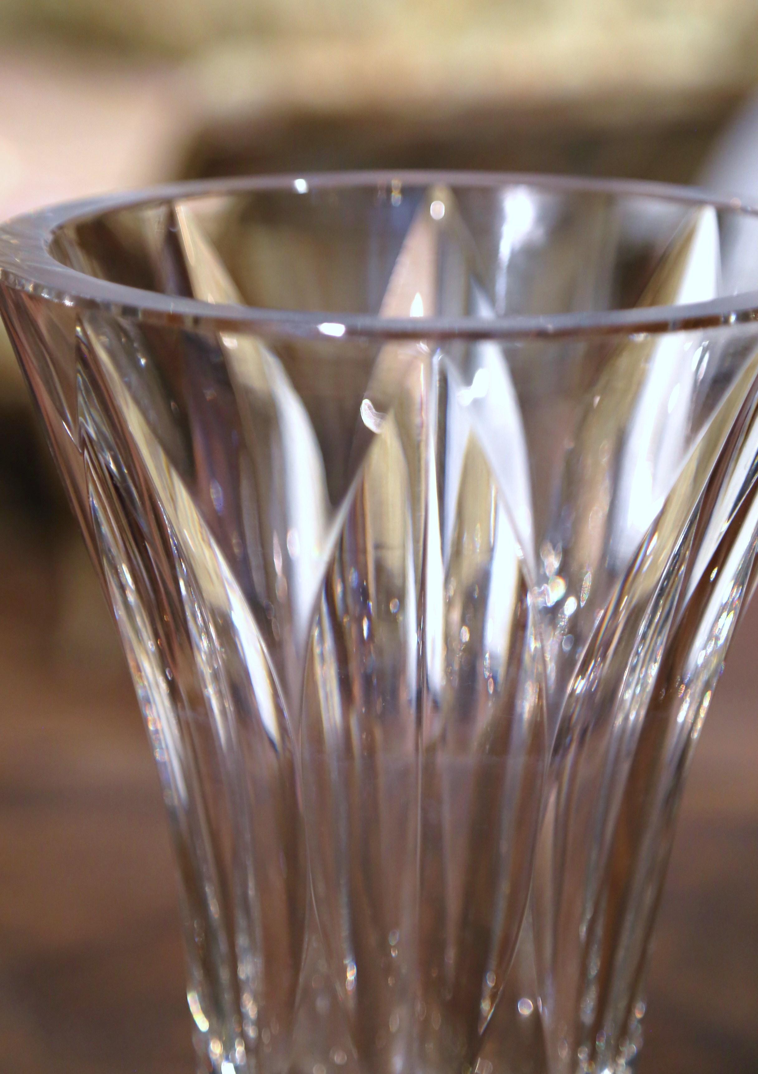 20th Century Mid-Century Clear Cut Crystal Trumpet Vase with Geometric Motifs For Sale