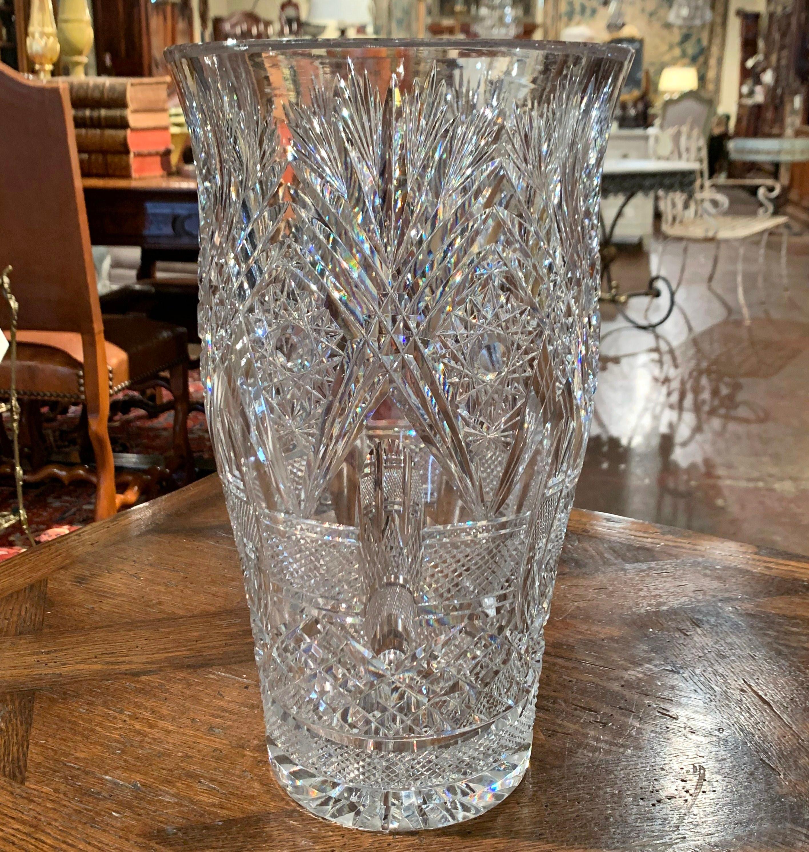 French Midcentury Clear Cut Glass Crystal Vase with Floral and Leaf Motifs