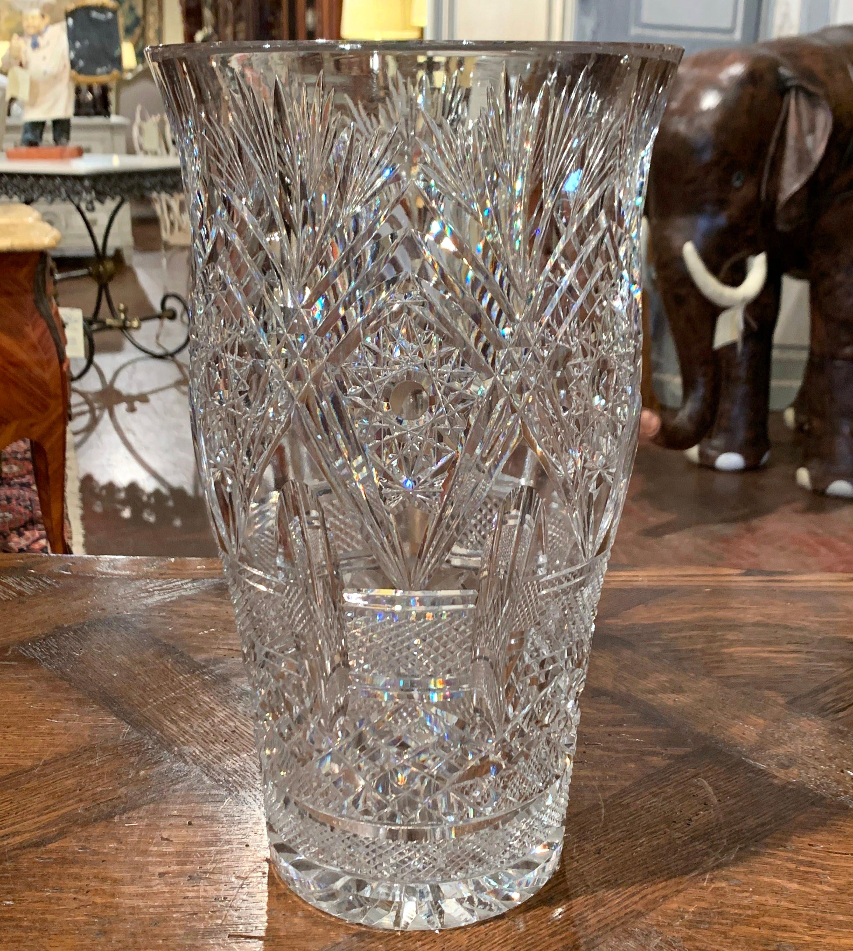 Hand-Crafted Midcentury Clear Cut Glass Crystal Vase with Floral and Leaf Motifs