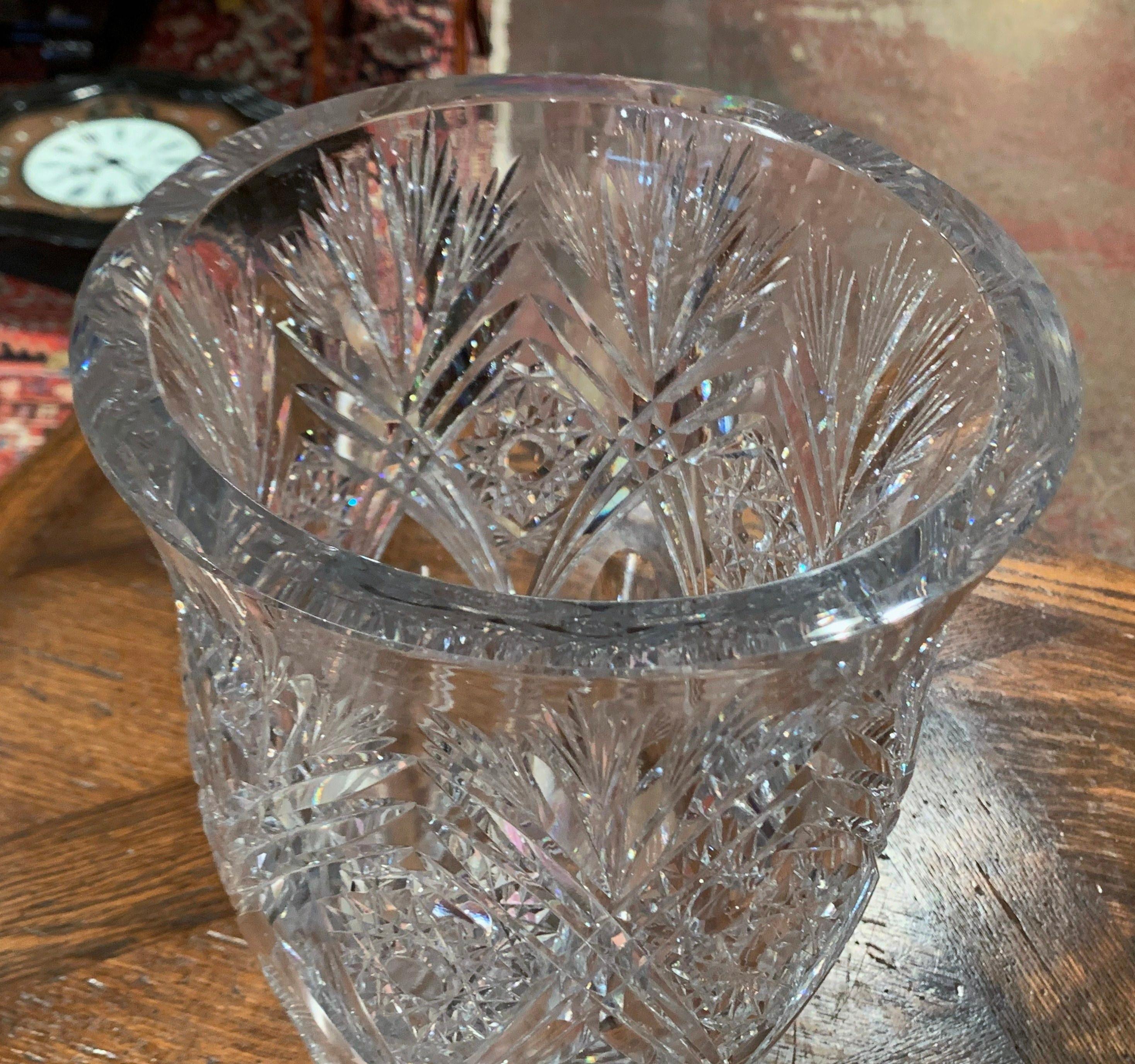 20th Century Midcentury Clear Cut Glass Crystal Vase with Floral and Leaf Motifs