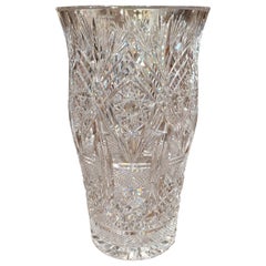 Midcentury Clear Cut Glass Crystal Vase with Floral and Leaf Motifs