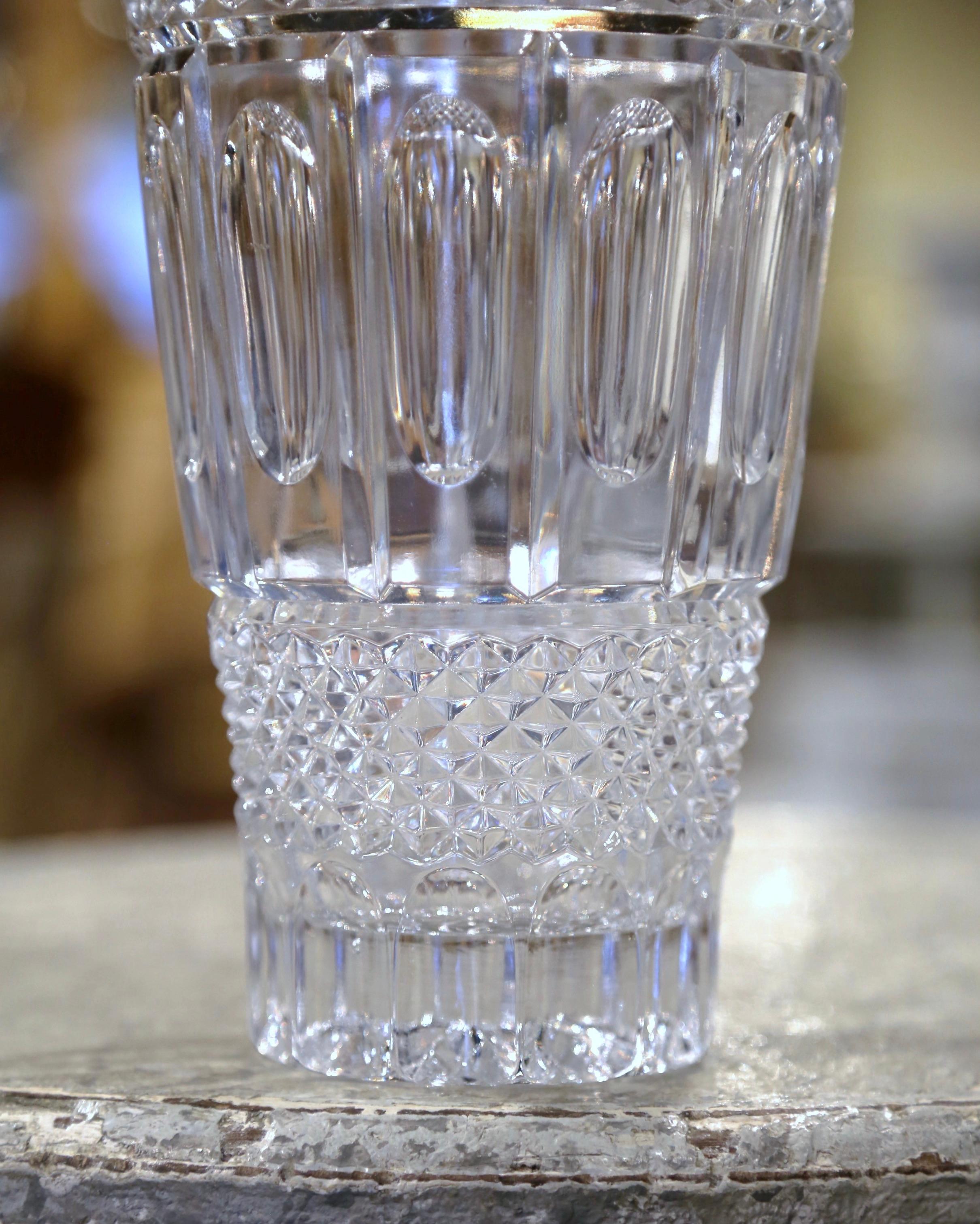 French Mid-Century Clear Cut Glass Crystal Vase with Geometric Motifs For Sale