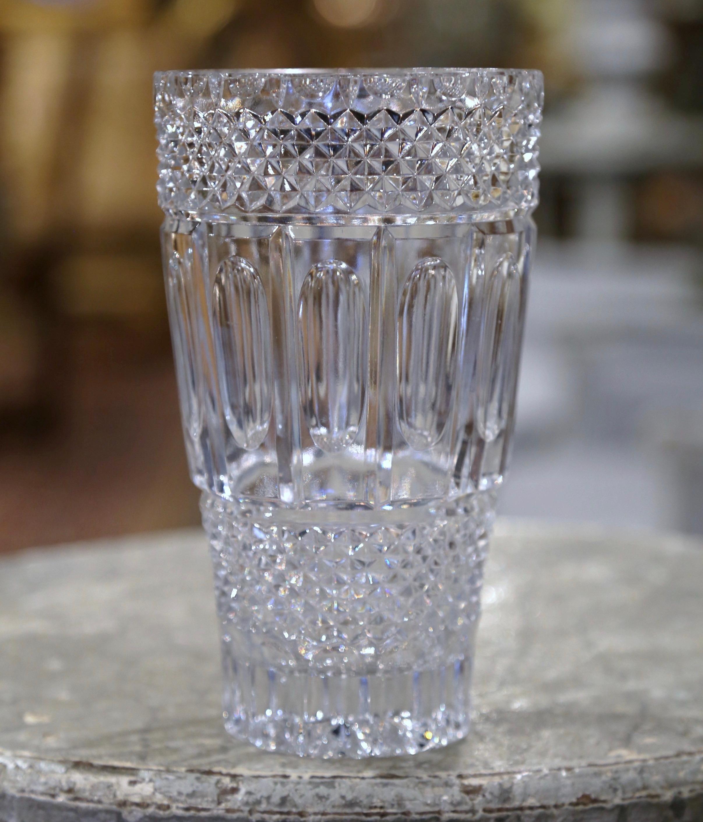 Hand-Crafted Mid-Century Clear Cut Glass Crystal Vase with Geometric Motifs For Sale