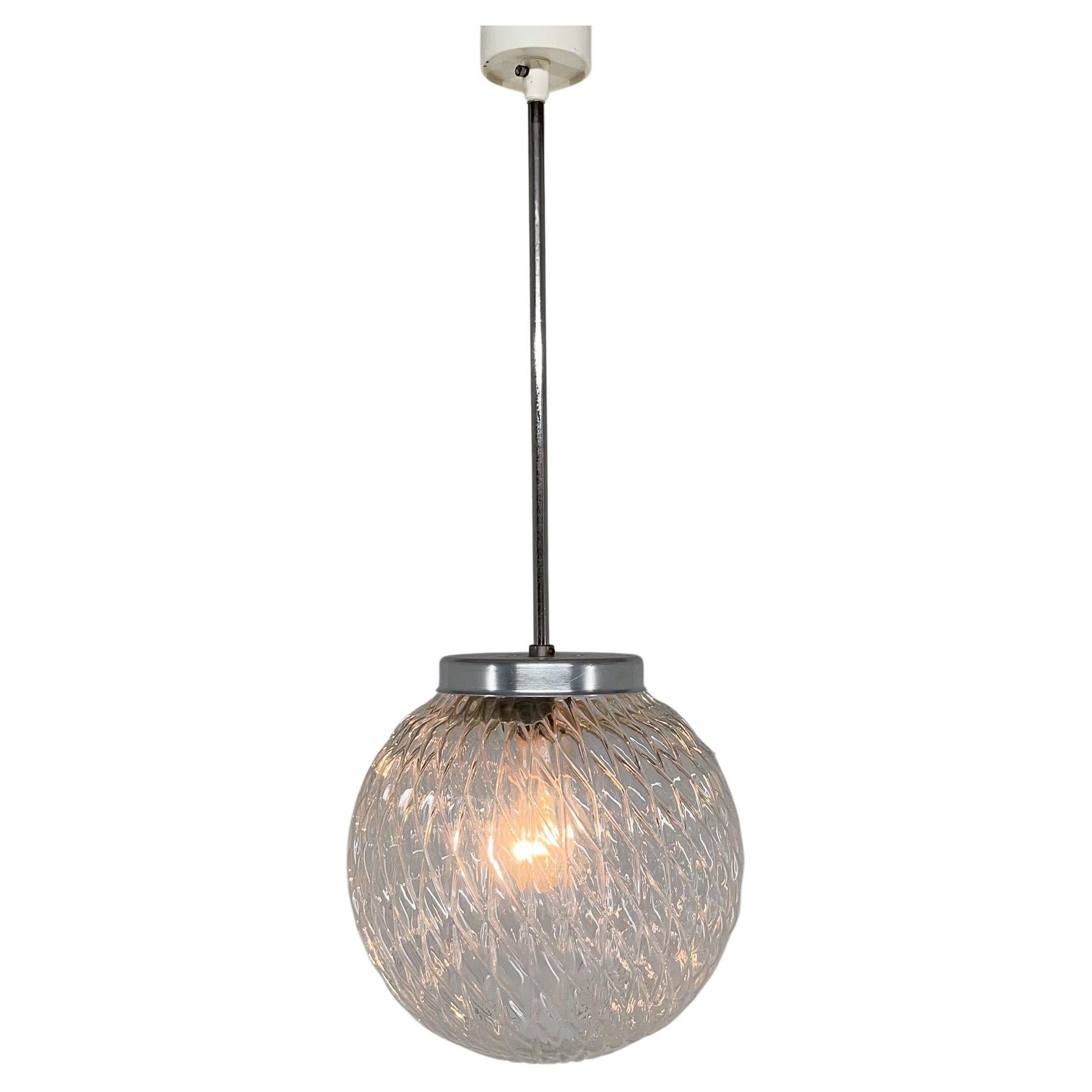 Midcentury Clear Glass Ball Pendant Light, Czechoslovakia