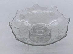 Mid Century Clear Glass Fruit Bowl with Etched Floral Pattern