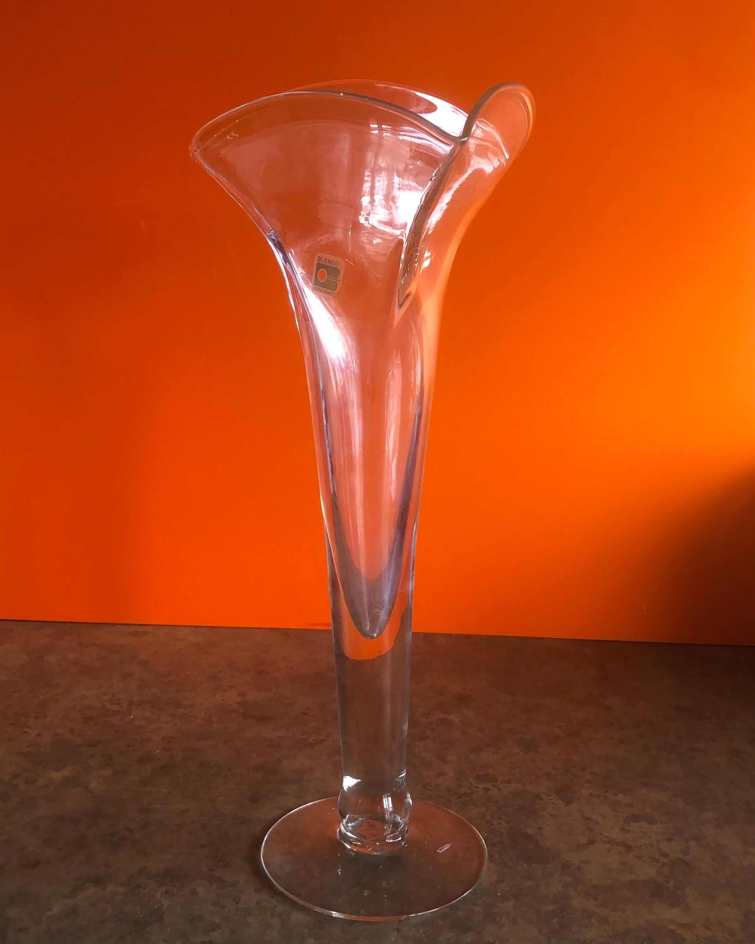 American Midcentury Clear Glass Trumpet Vase by Blenko For Sale