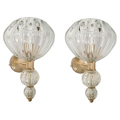 Mid Century Clear Murano Glass Sconces, Barovier Style - Two Pairs