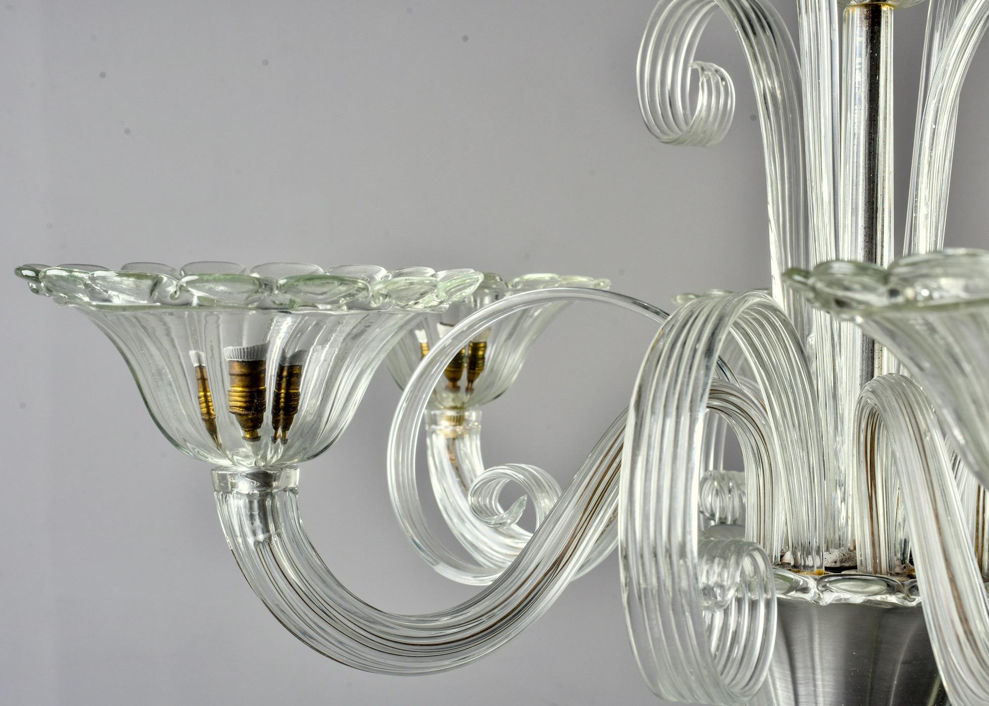 Italian Midcentury Clear Murano Glass Six-Light Chandelier For Sale